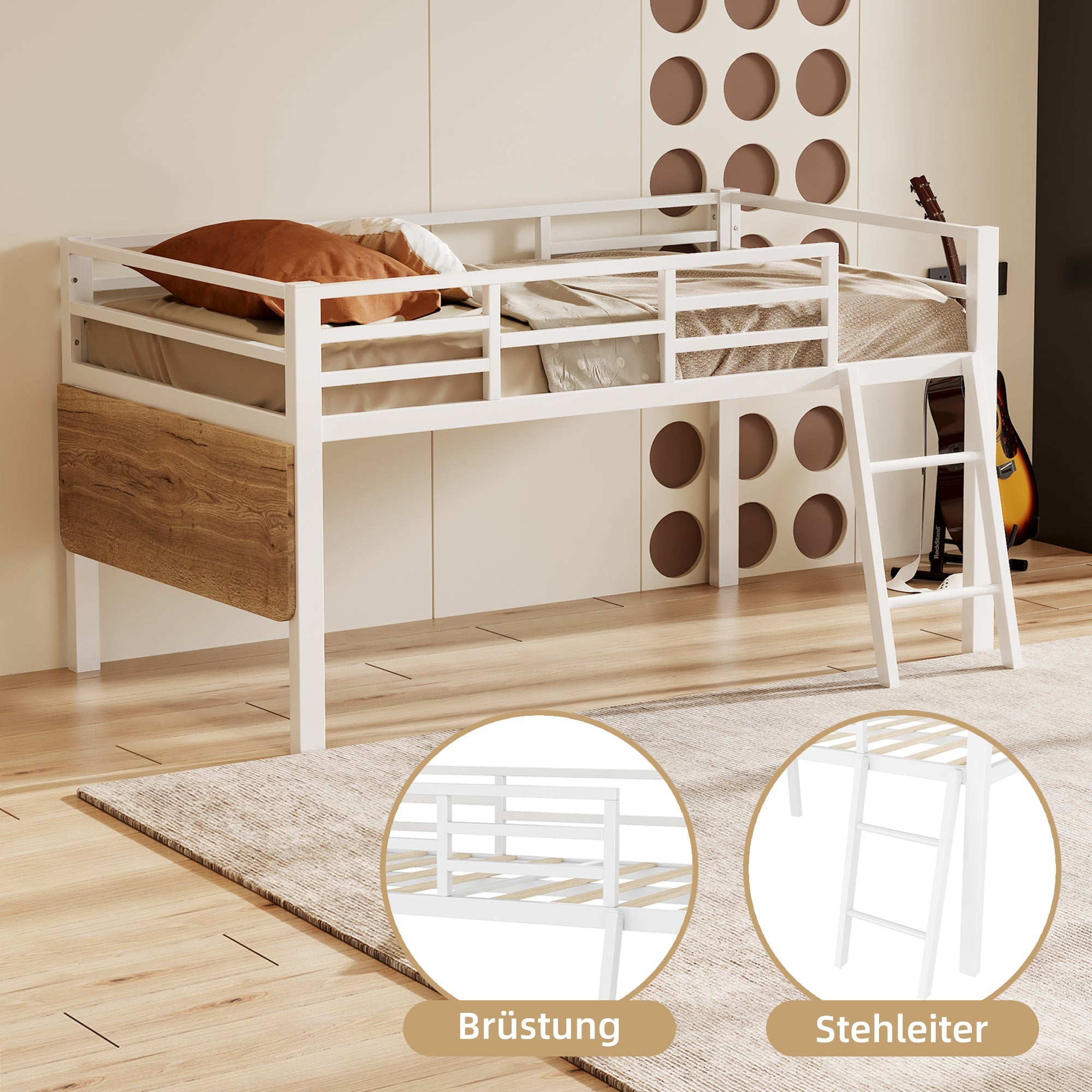 Logidon flat bed 90 x 200 cm metal bed white with railing ladder LED
