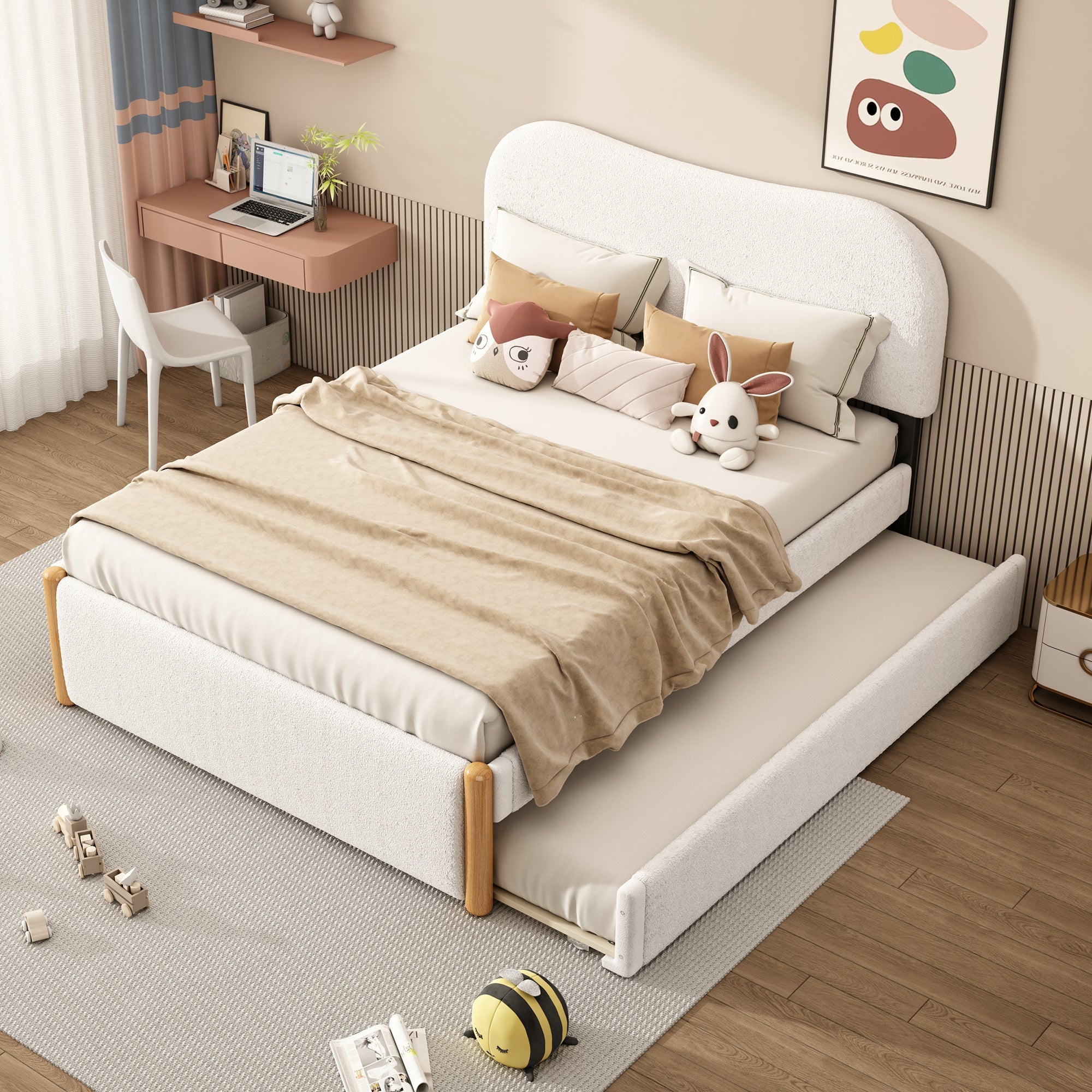 Logidon vlakbed 140x200 gestoffeerd bed uitschuifbaar onderschuifbed wit