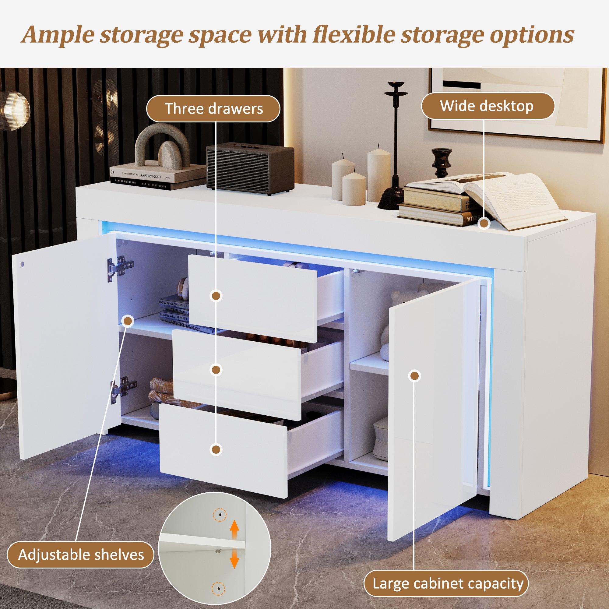Logidon wit hoogglans dressoir 140x40x65 cm met LED verlichting