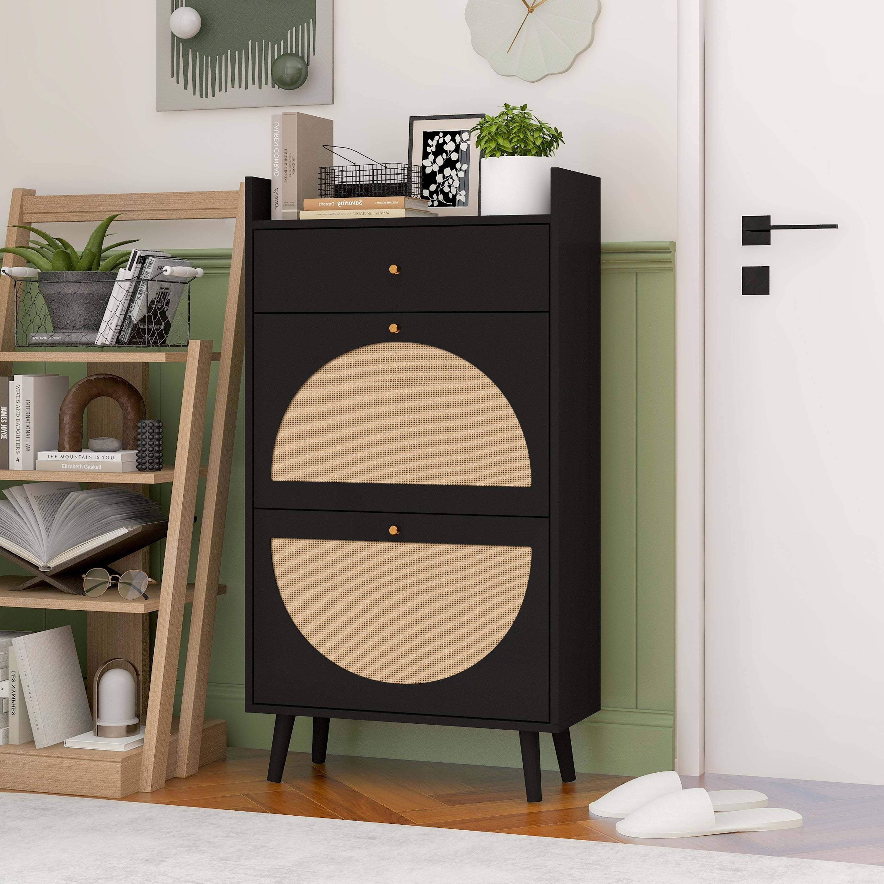 Logidon Schoenenkast Zwart Rotan Look Twee Deuren 60 cm Lengte