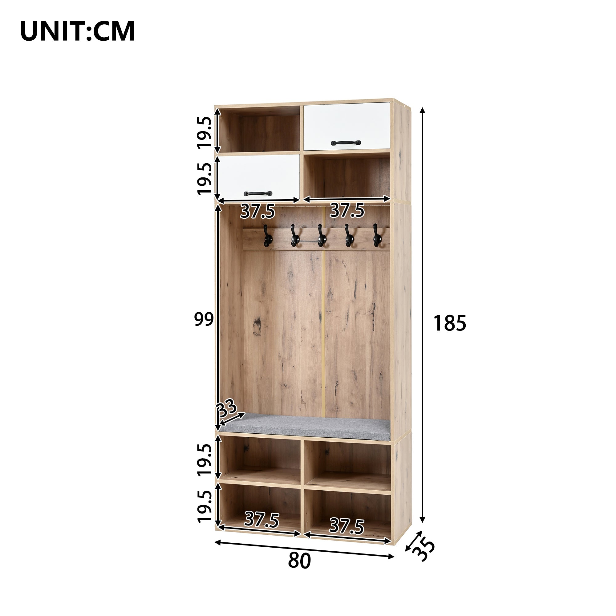Logidon garderobekast met bank en 5 haken naturel wit 80x35x185cm