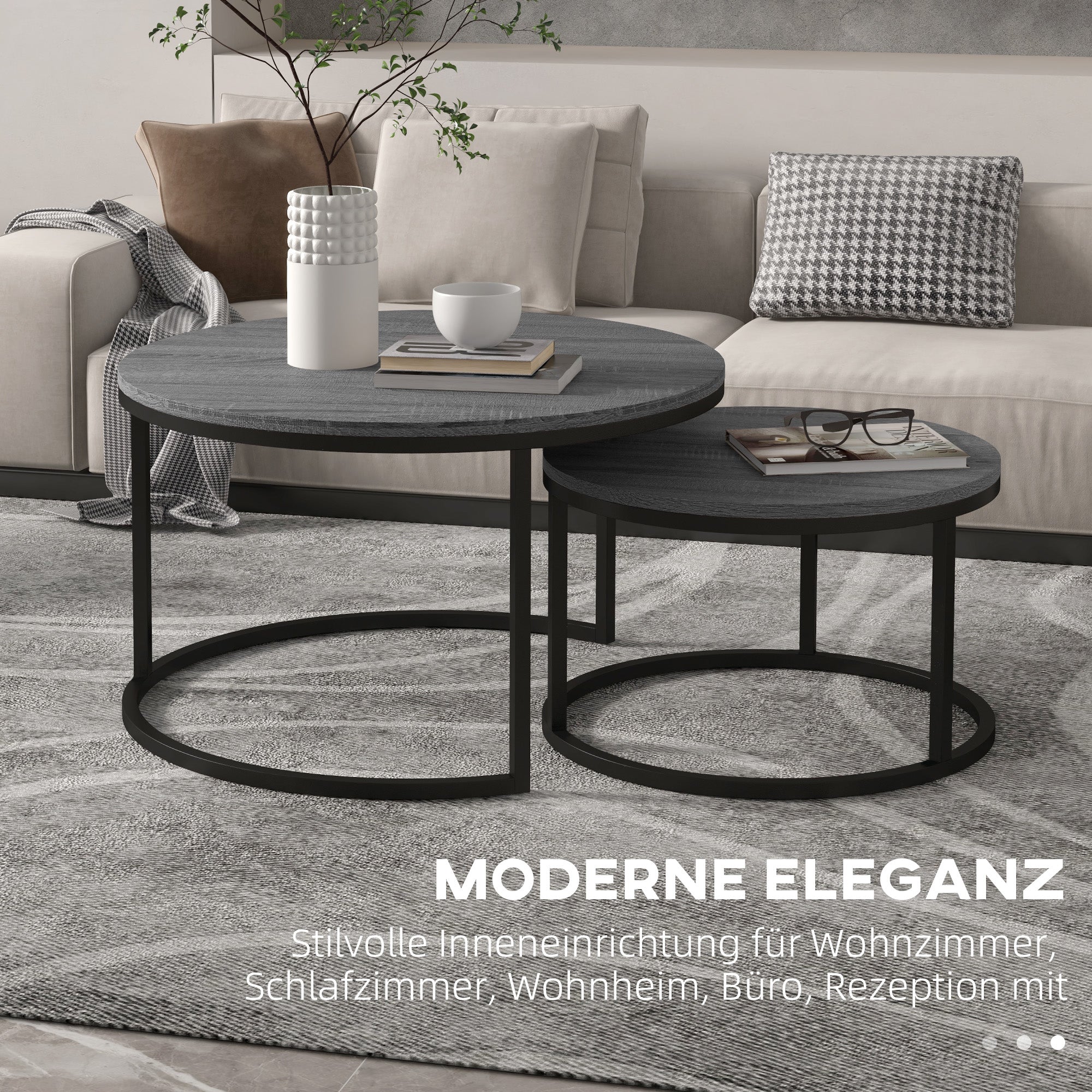 Logidon ronde salontafel set van 2 houtlook stapelbaar metalen frame
