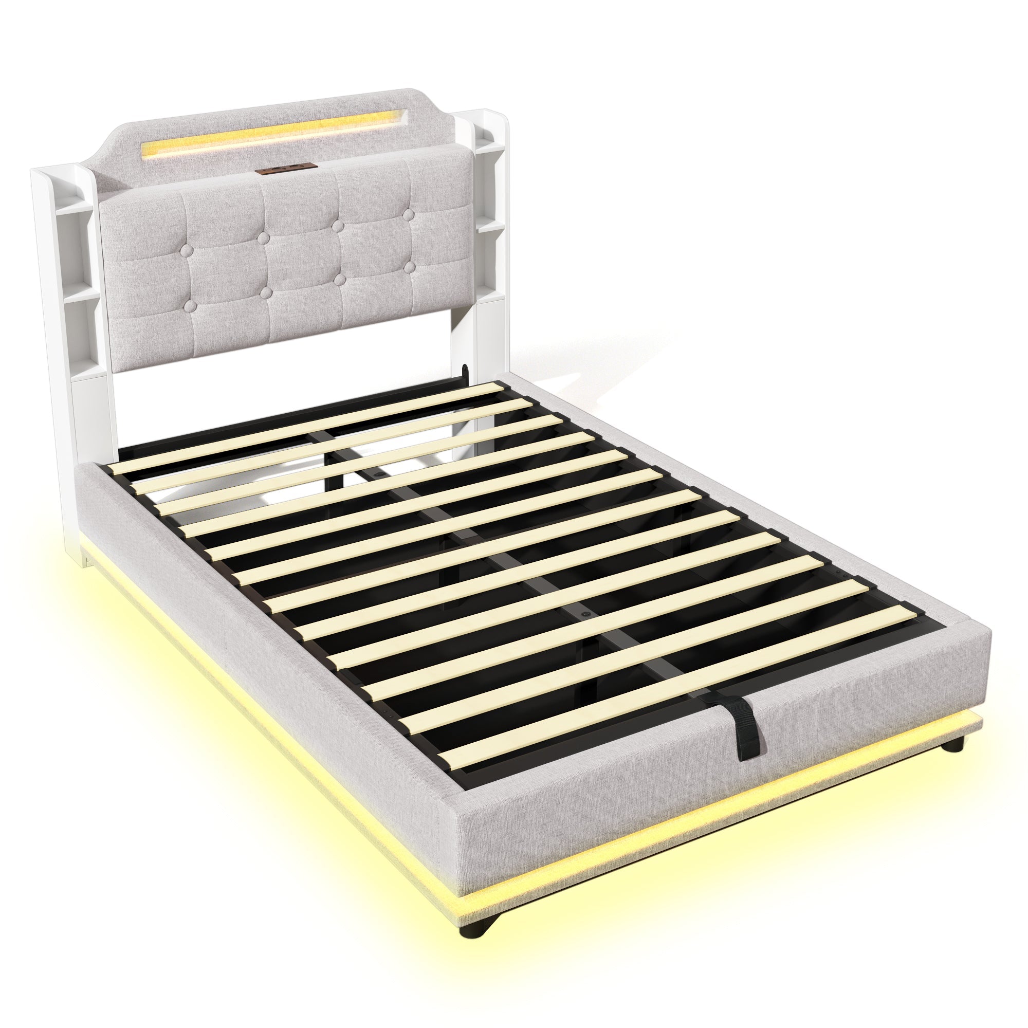 Logidon gestoffeerd bed 140x200 beige met LED lichtstrip en opbergruimte