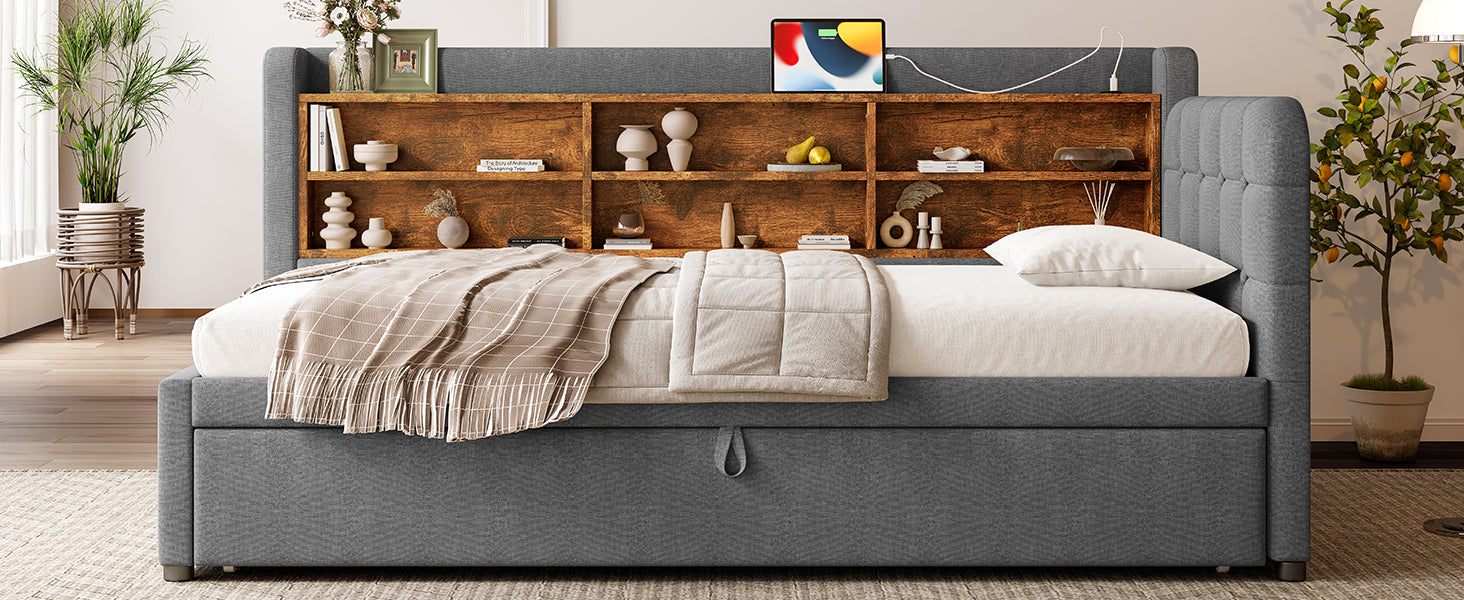 Logidon Daybed 90x200cm grijs linnen uitschuifbare slaapbank USB Type C