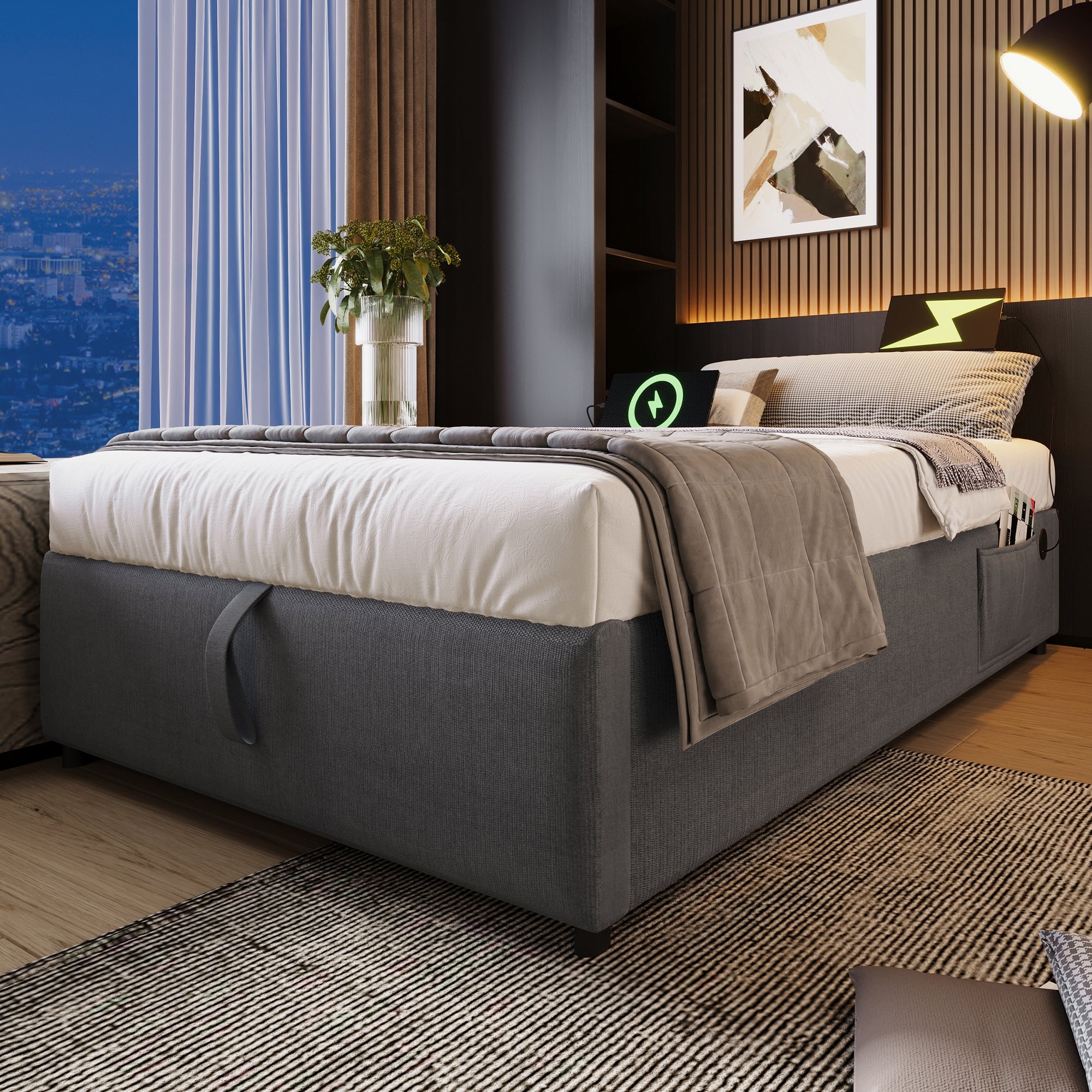 Logidon gestoffeerd bed 90x200 cm grijs met USB-C oplaadfunctie zonder hoofdeinde