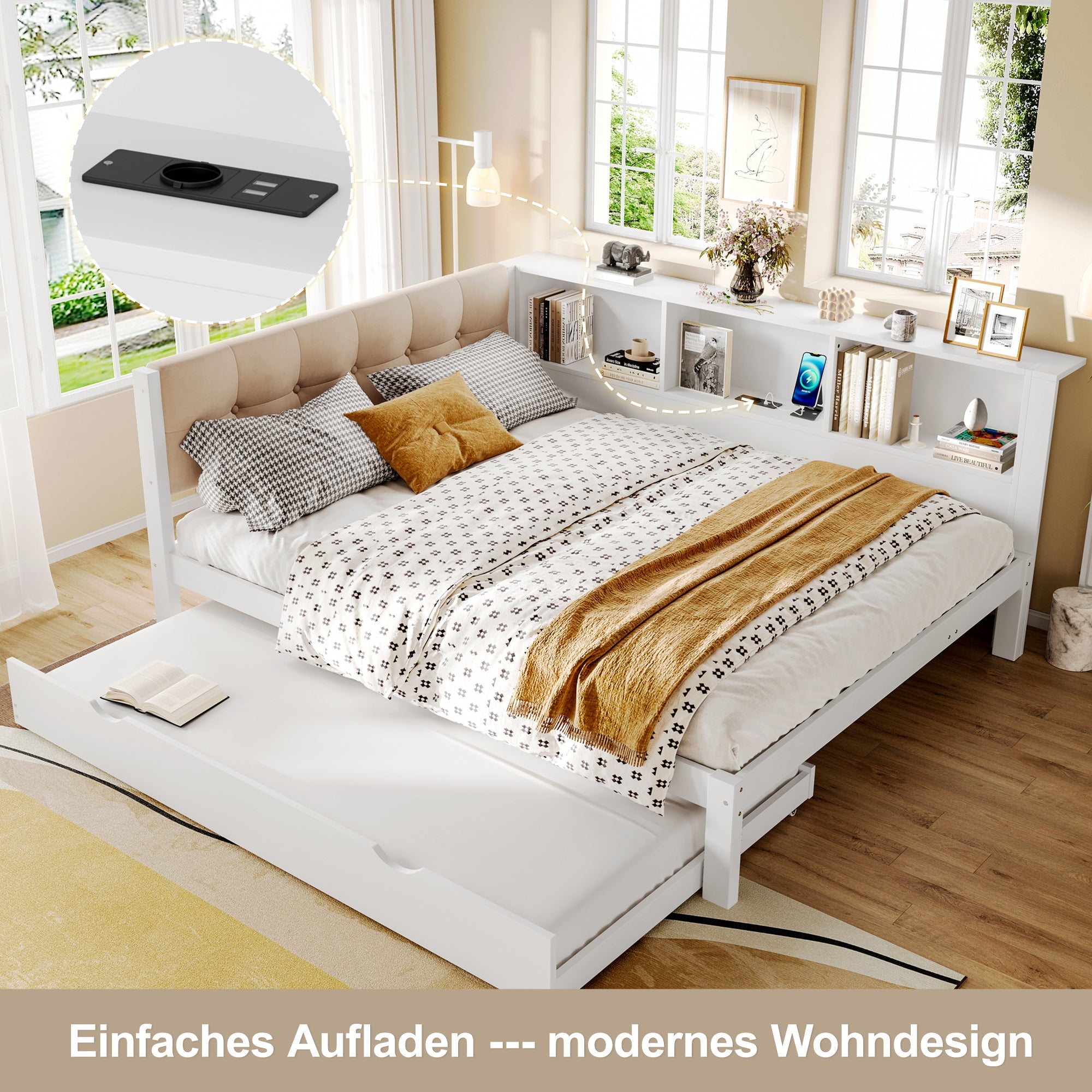 Logidon daybed wit 140x200 CM met uitschuifbaar bed LED-verlichting
