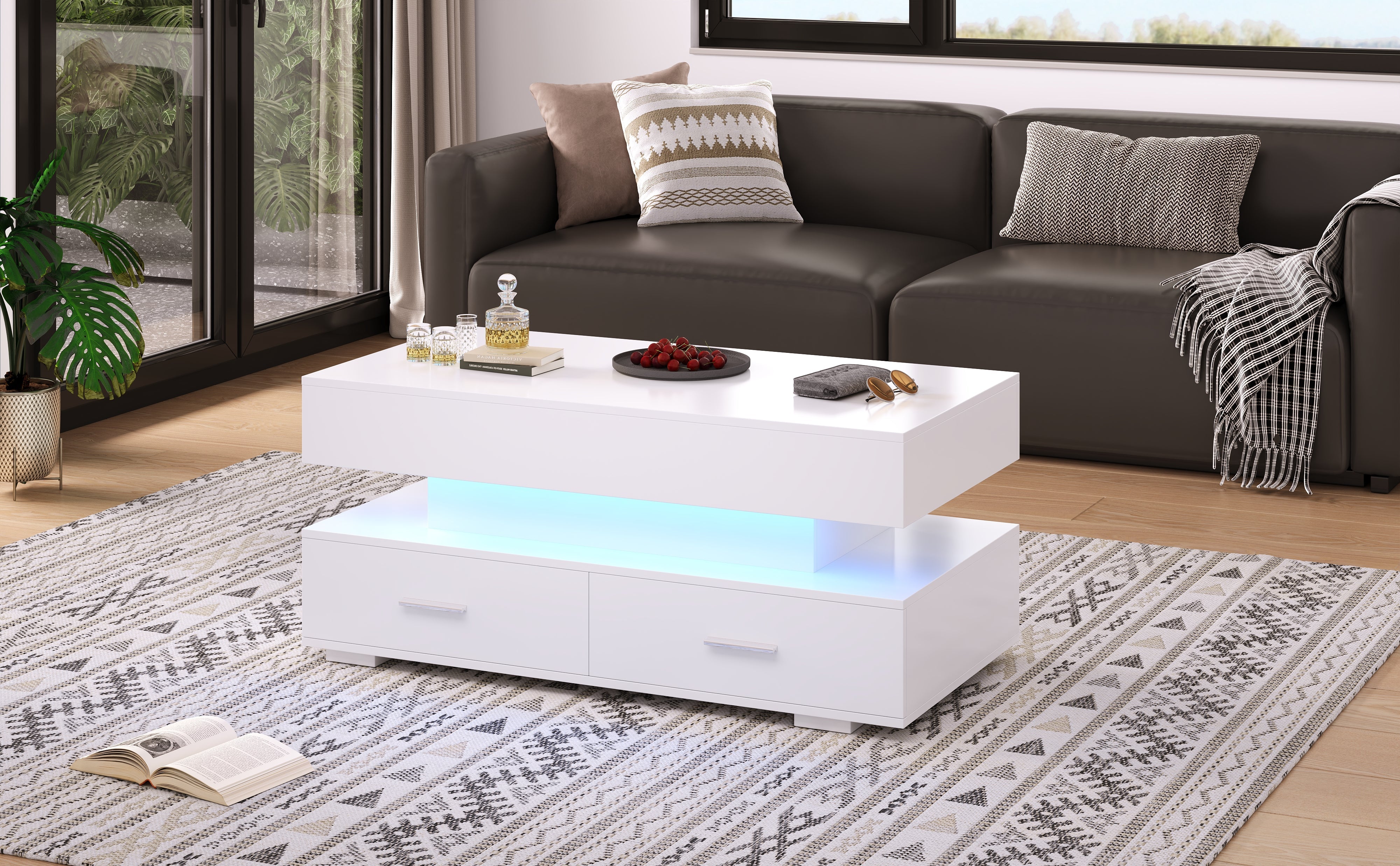 Logidon Hydraulisch in hoogte verstelbare salontafel 100x50x44 cm Wit LED
