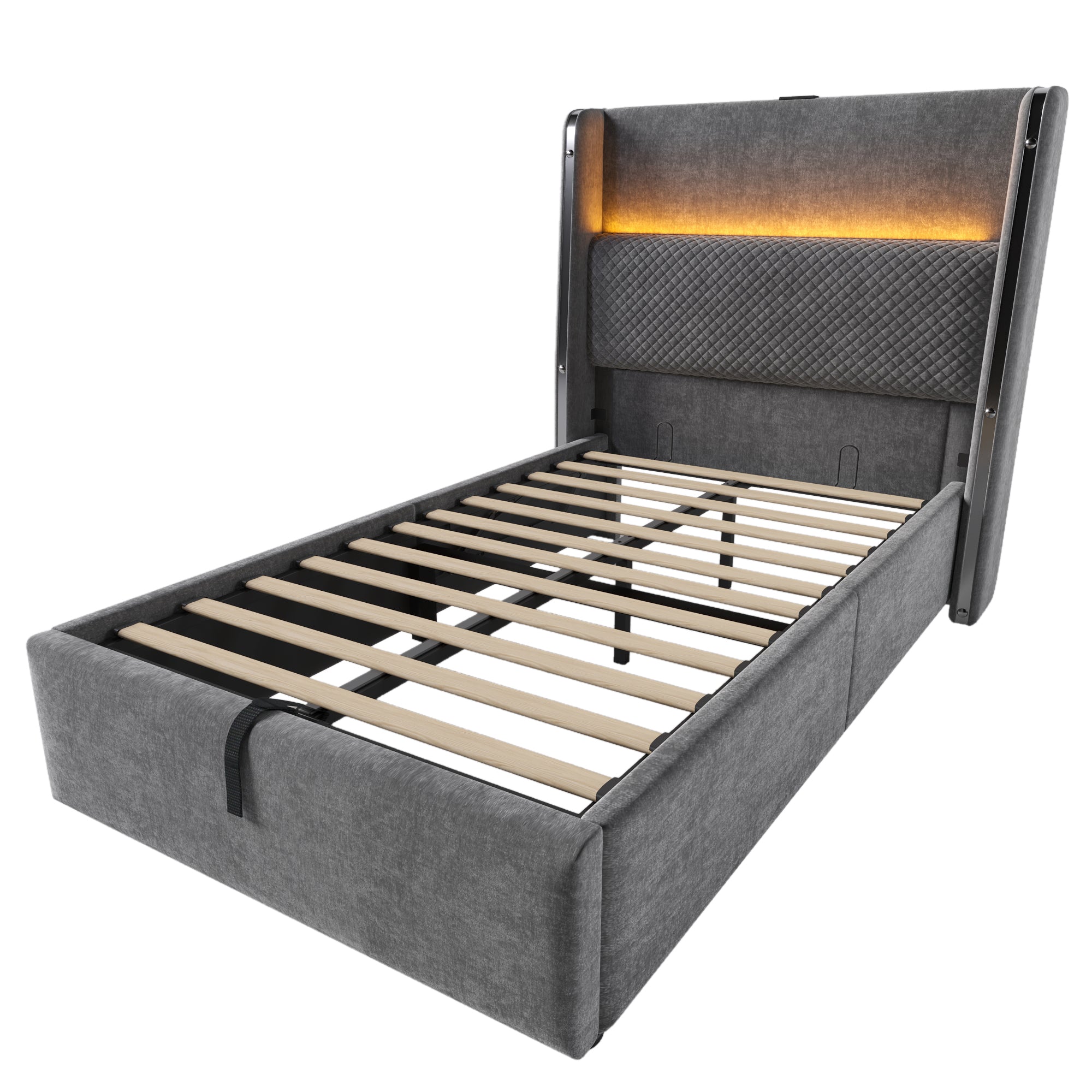 Logidon hydraulisch bed 90x200 grijs linnenlook met opbergruimte LED