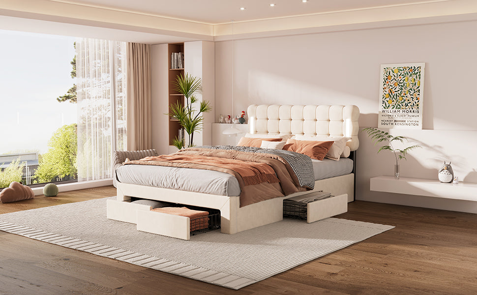 Logidon Flat Bed 140x200 Beige Velvet With Lighting And 4 Drawers