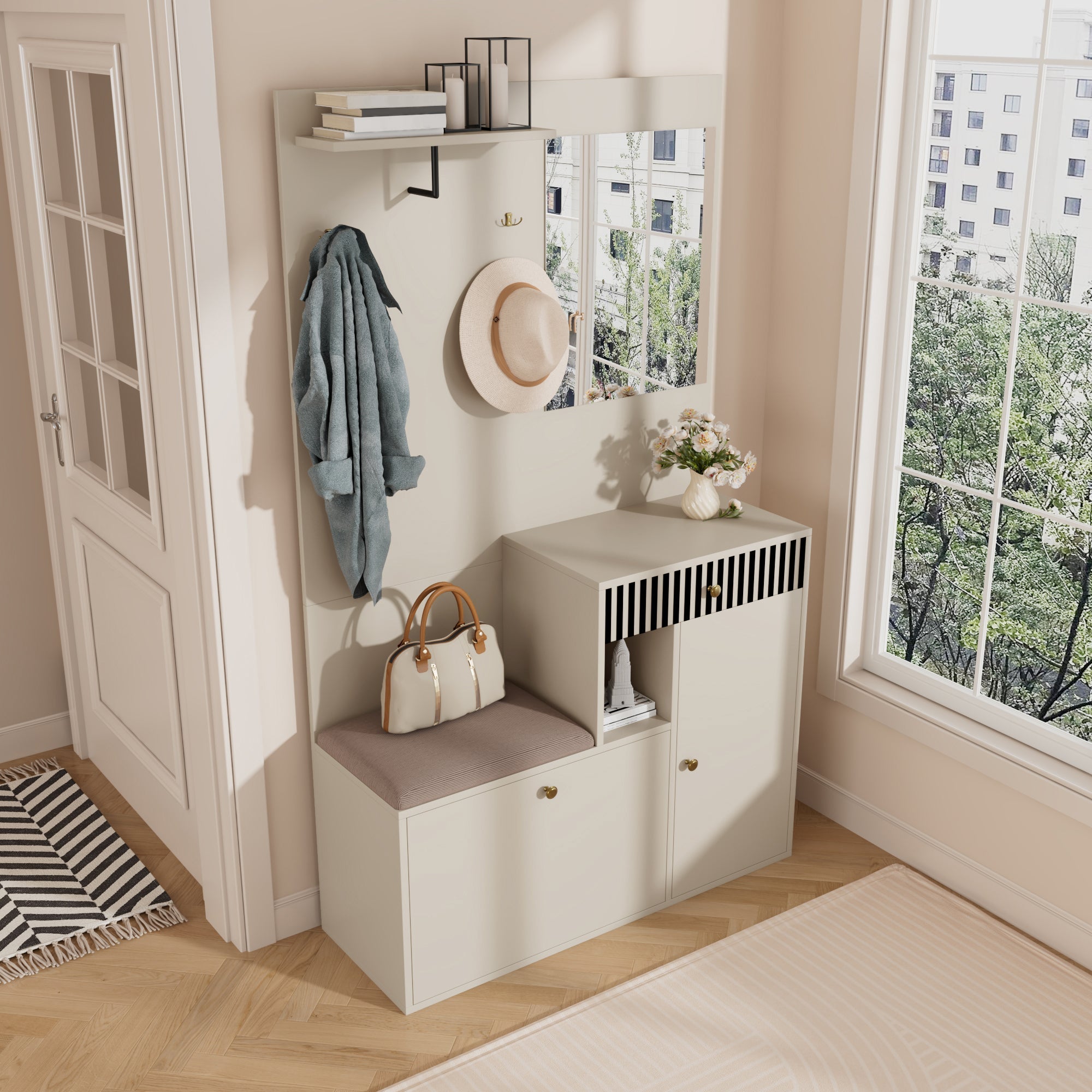 Logidon kledingkastset beige met spiegel en zitkussen 110x185x37 cm