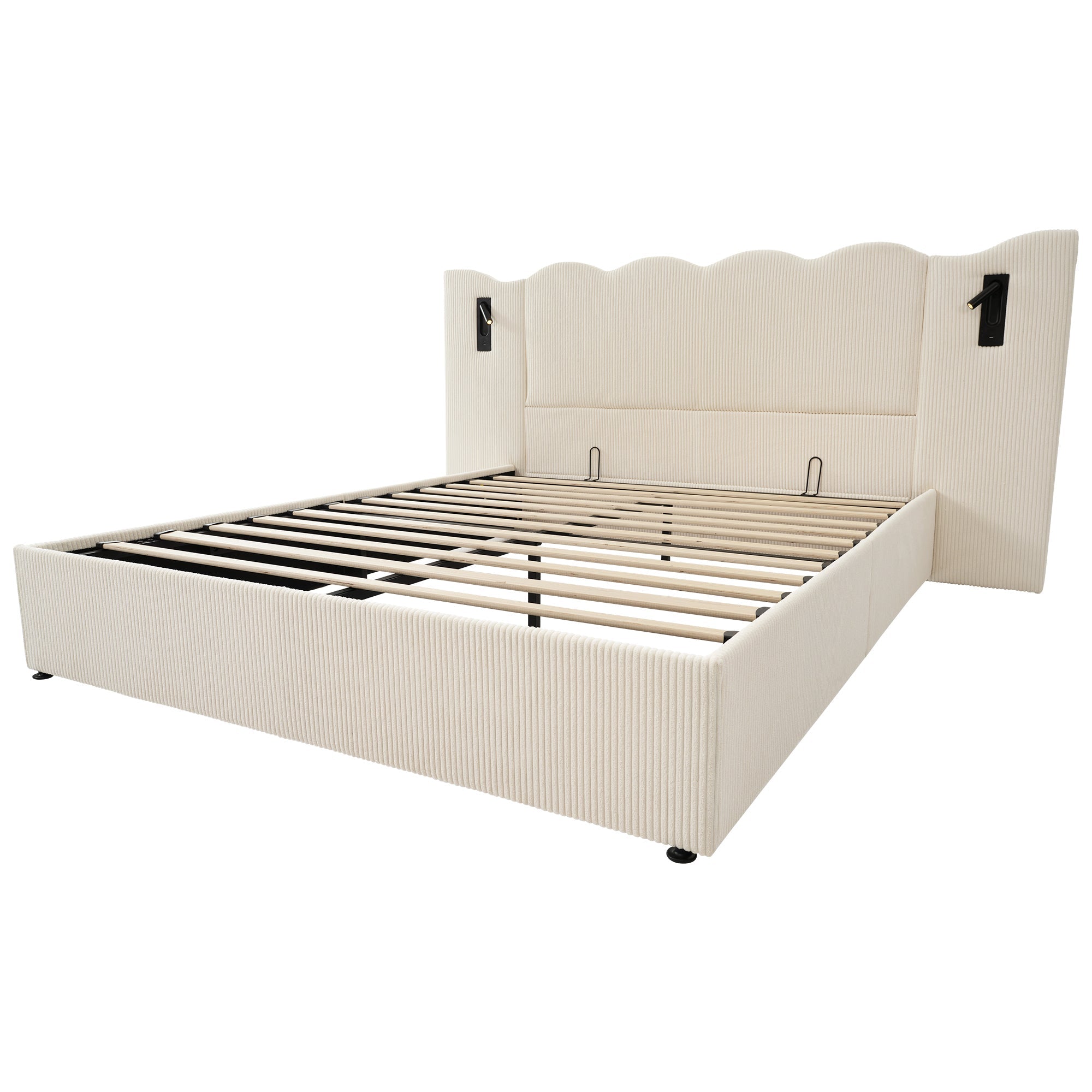 Logidon gestoffeerd bed beige-wit 160x200 met leeslamp USB-C oplaadfunctie