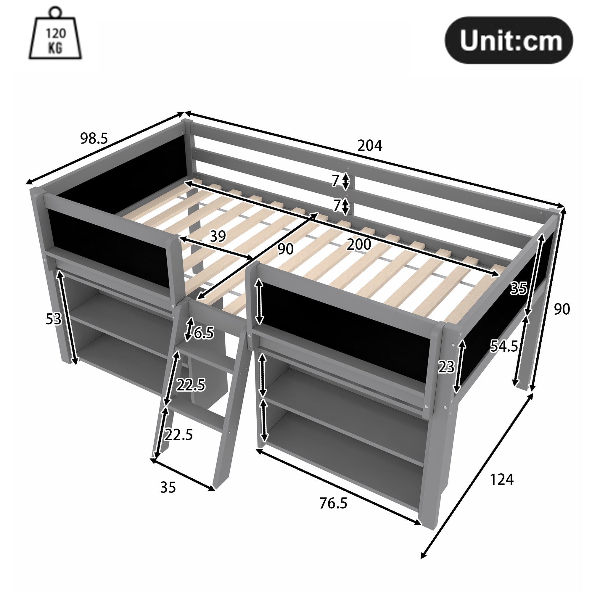 Logidon halfhoogslaper 90x200 cm met opbergruimte en ladder grijs