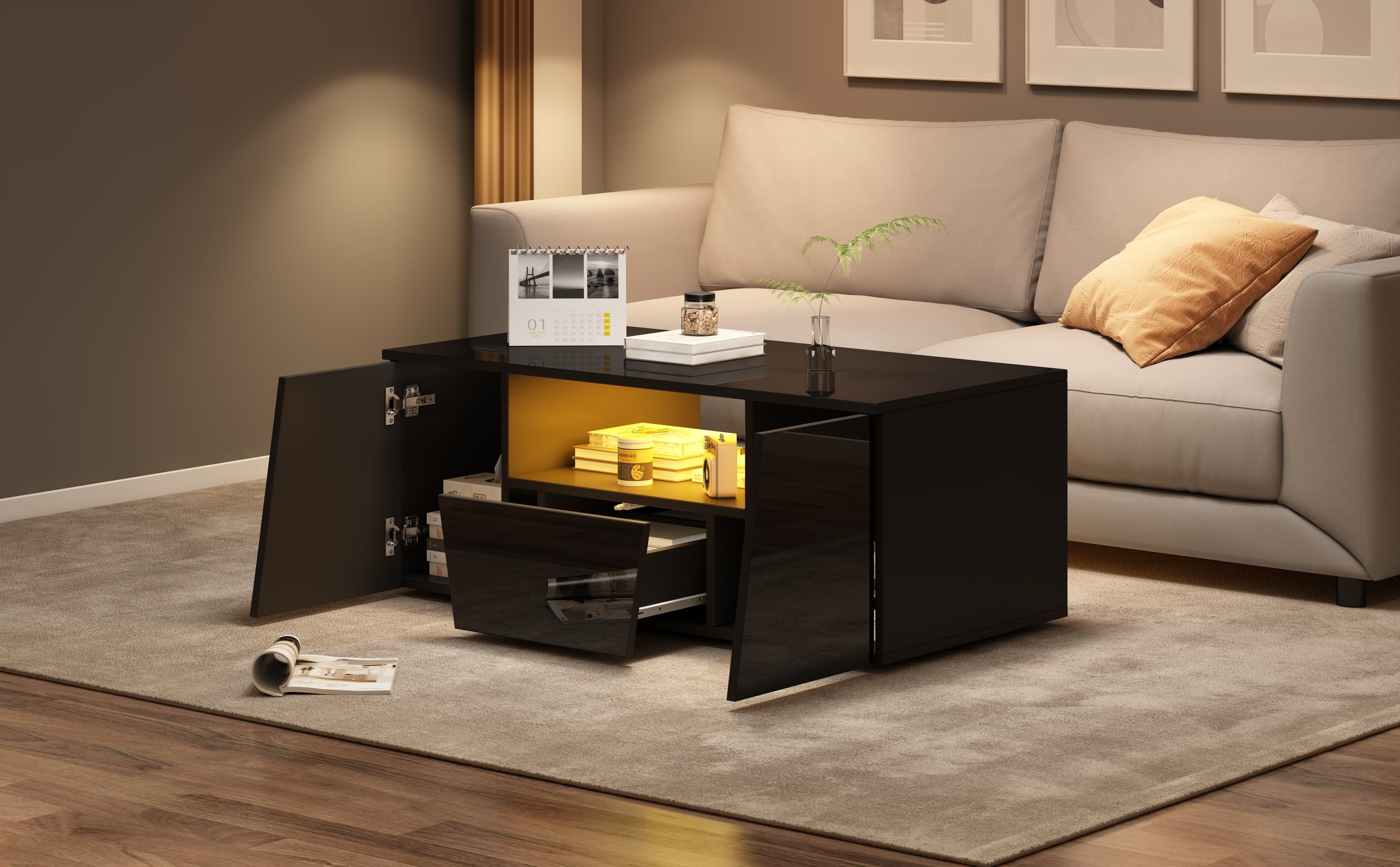 Logidon coffee table 100x50x40 cm black with LED 2 cabinets 1 drawer