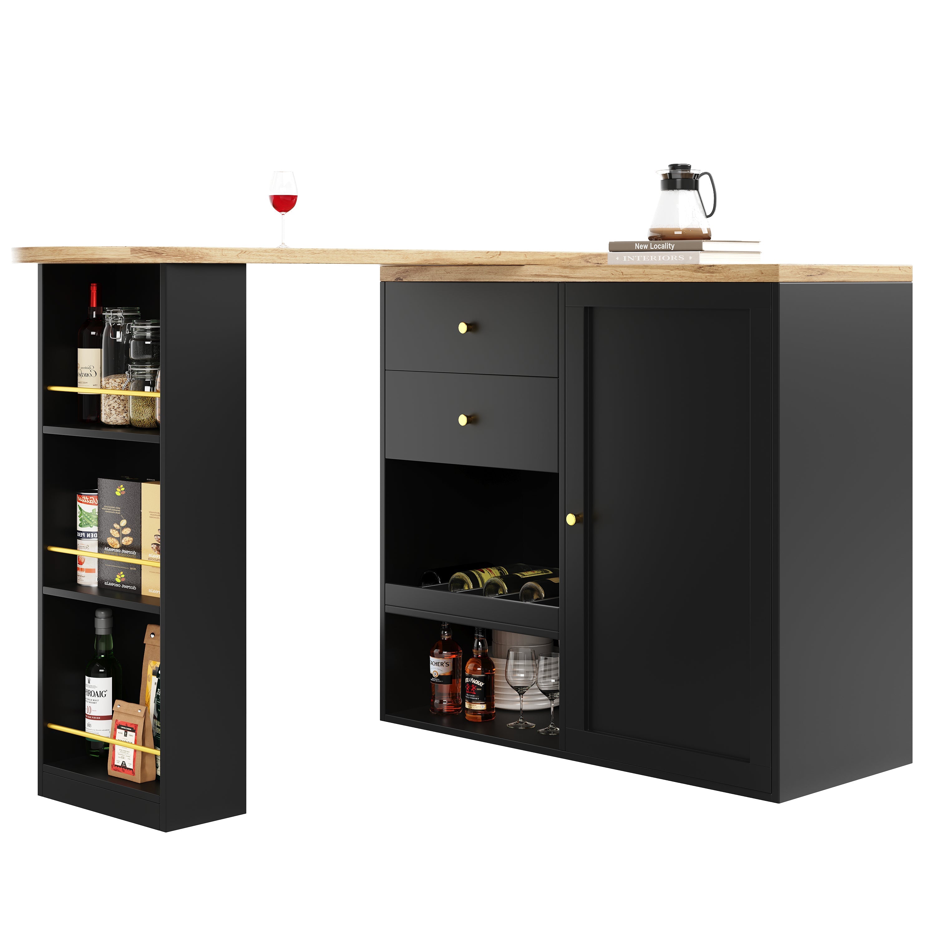 Logidon 360° draaibare bartafel 138 cm zwart met 2 lades