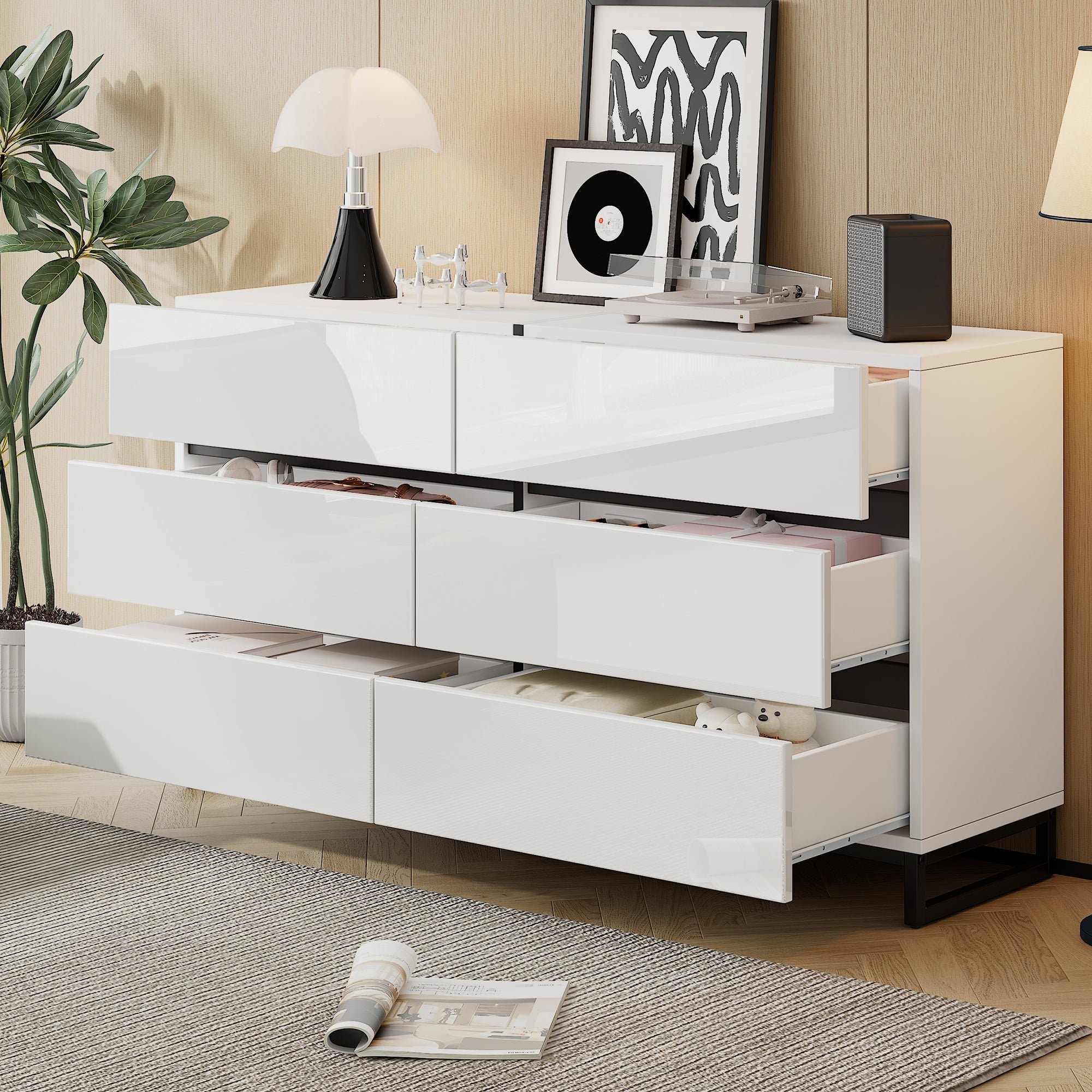 Logidon dressoir 140 cm hoogglans wit zwart met 6 lades