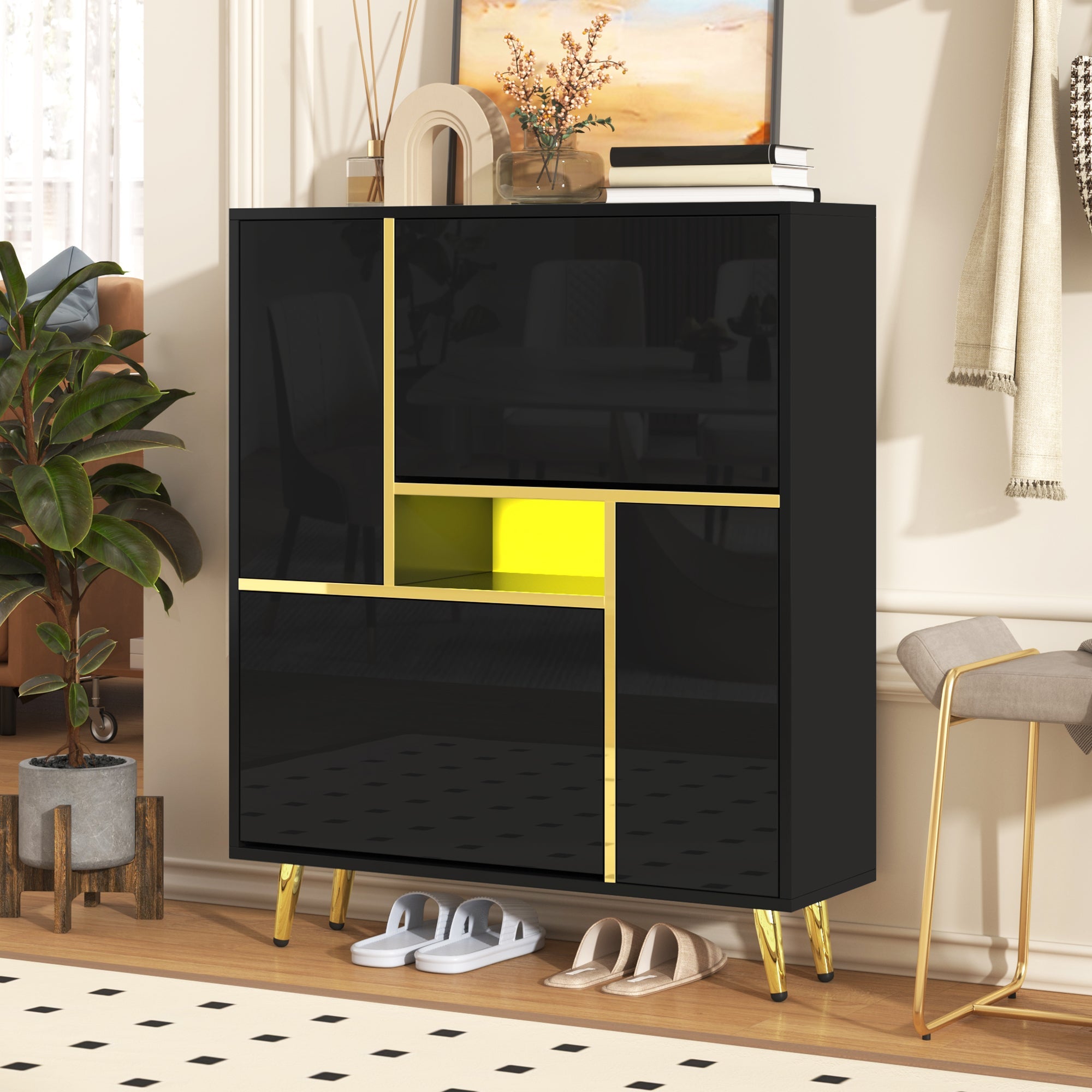 Logidon Moderne Schoenenkast Zwart Hoogglans LED 80x25x96 cm