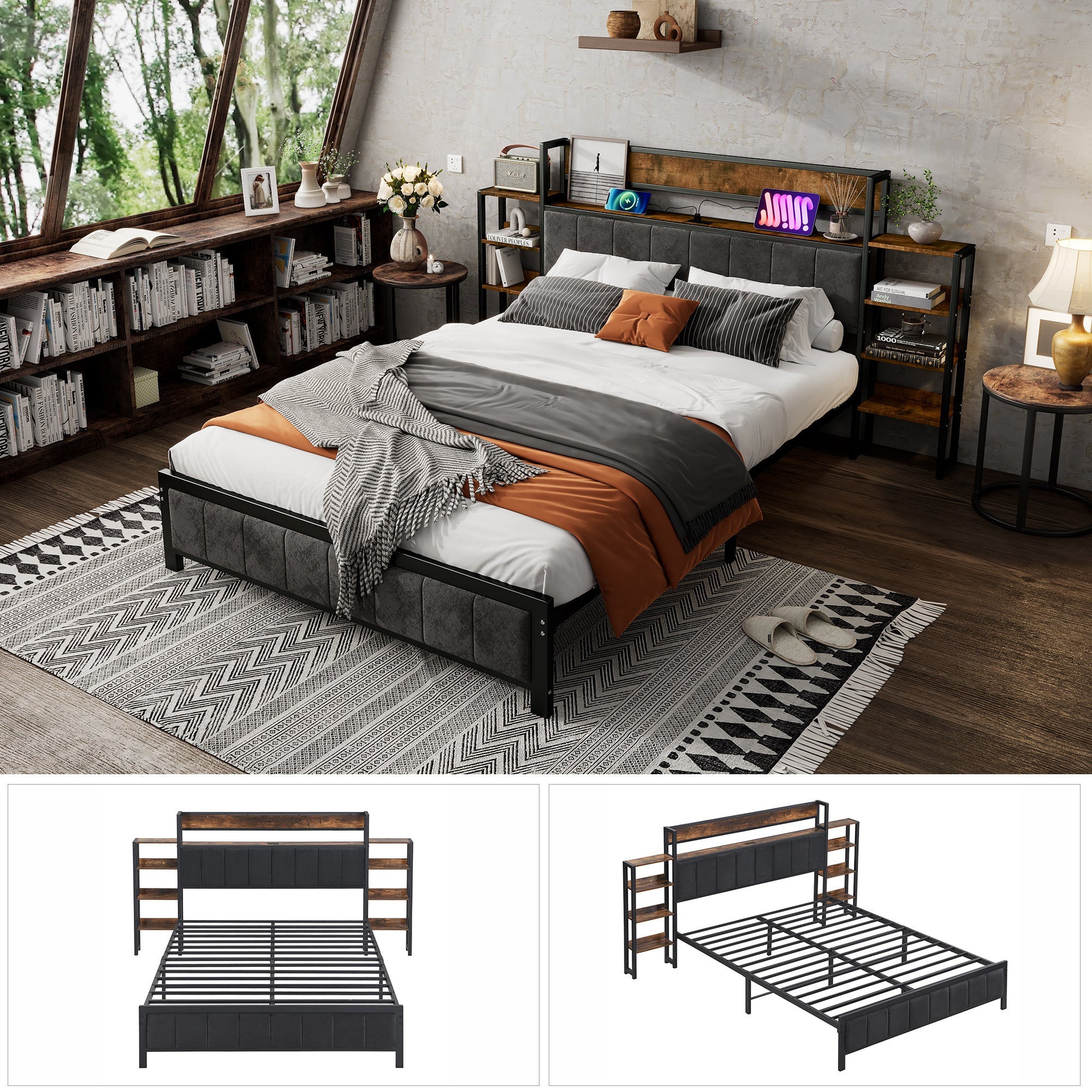 Logidon metalen bed 140x200 met opbergruimte USB-poorten zwart walnoot