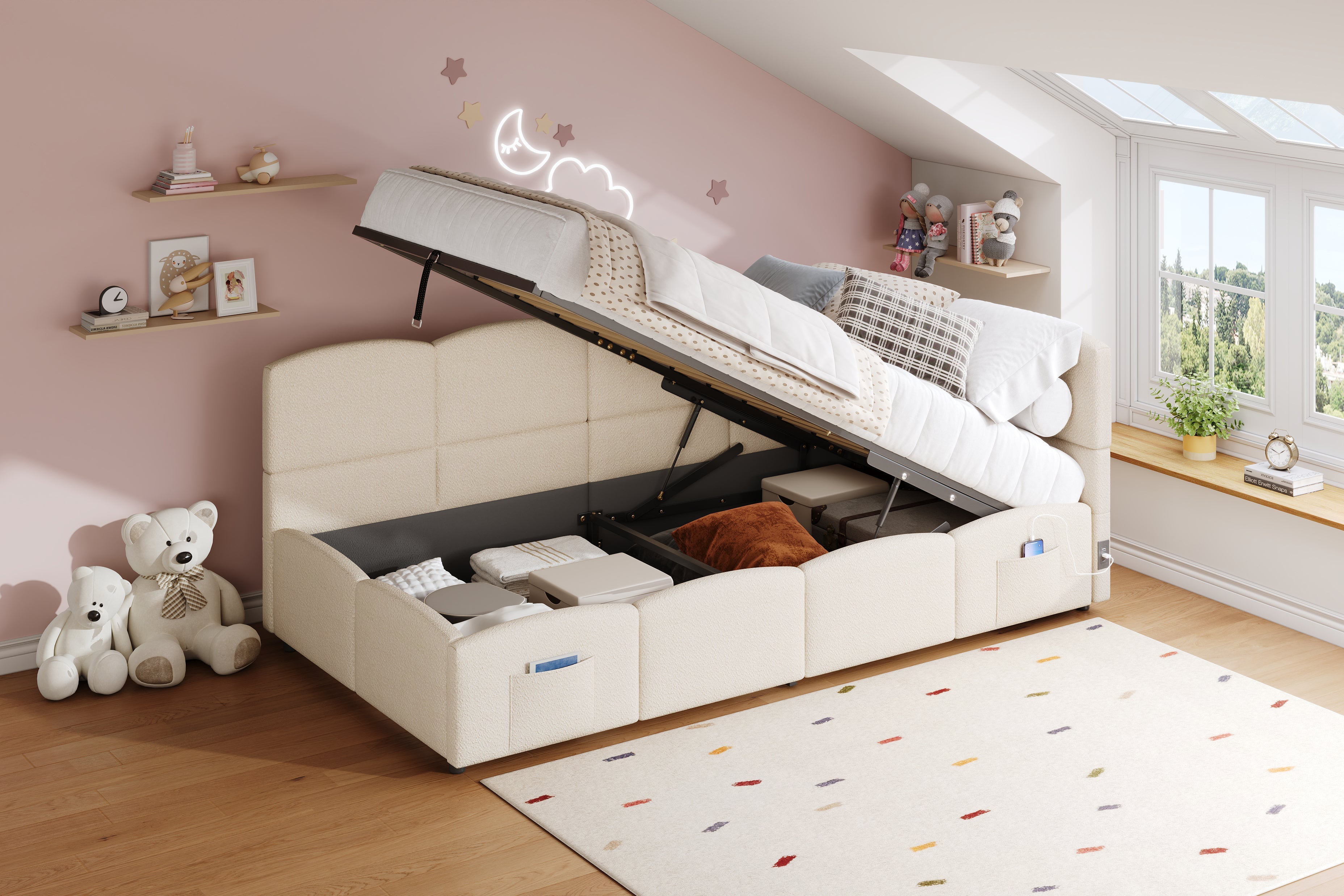 Logidon gestoffeerd bed 90x200 opbergbed slaapbank beige bouclé USB
