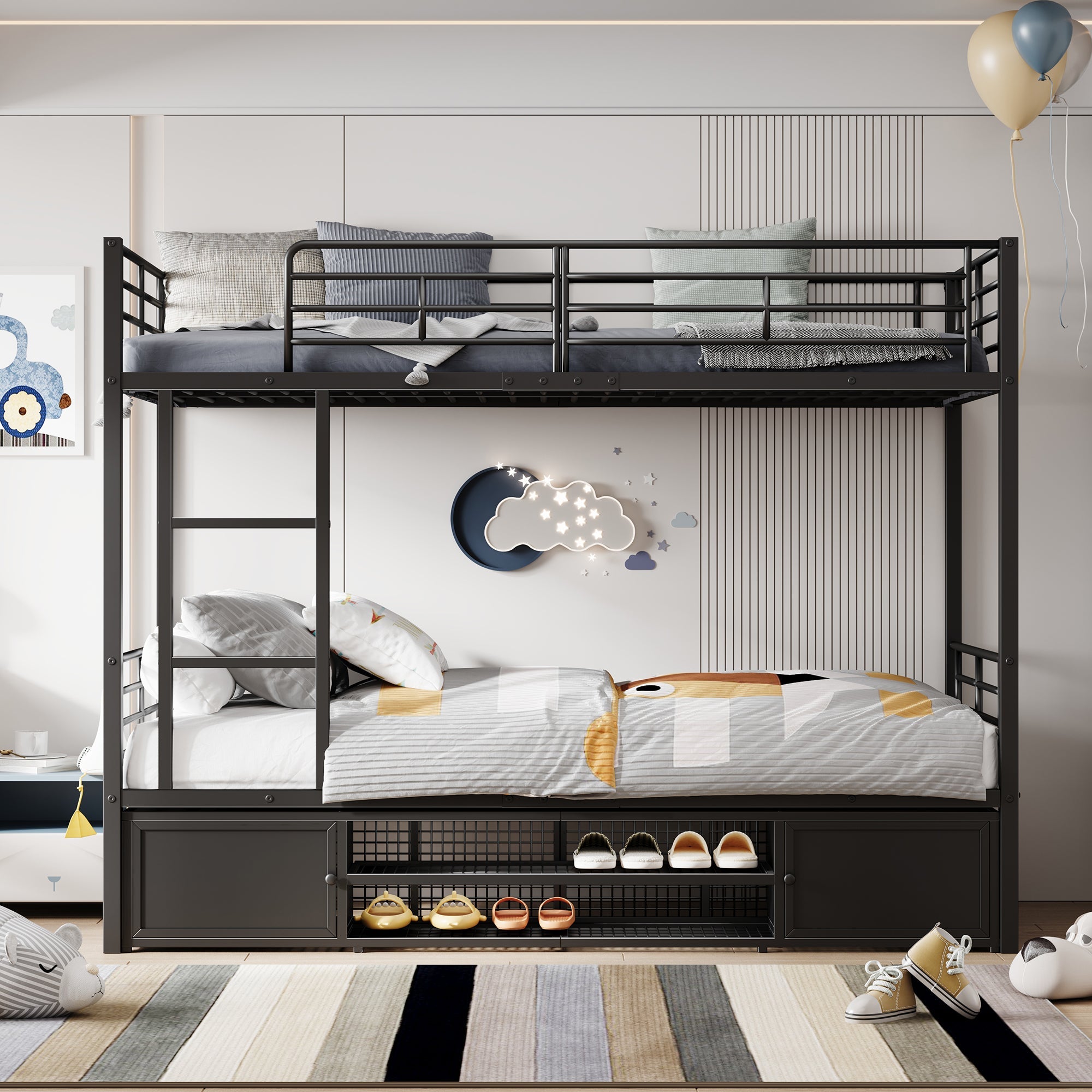 Logidon stapelbed ijzeren frame zwart 90x200 cm met schoenenrek