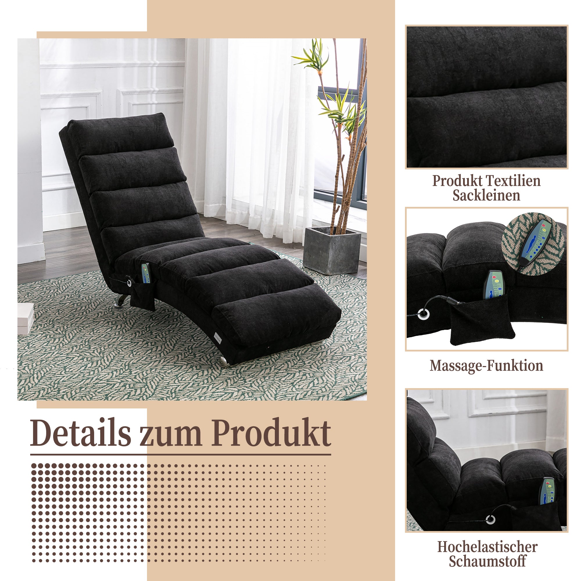 Logidon Elektrische Massage Chaise Longue Zwart met Afstandsbediening