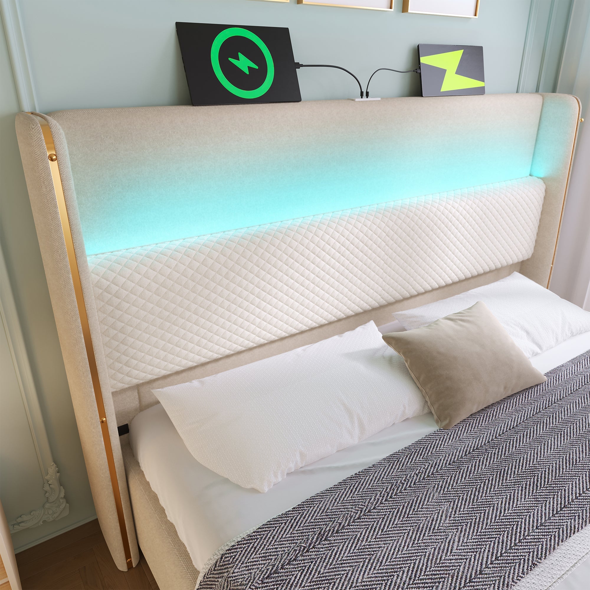 Logidon hydraulisch bed 140x200 beige linnenlook met LED