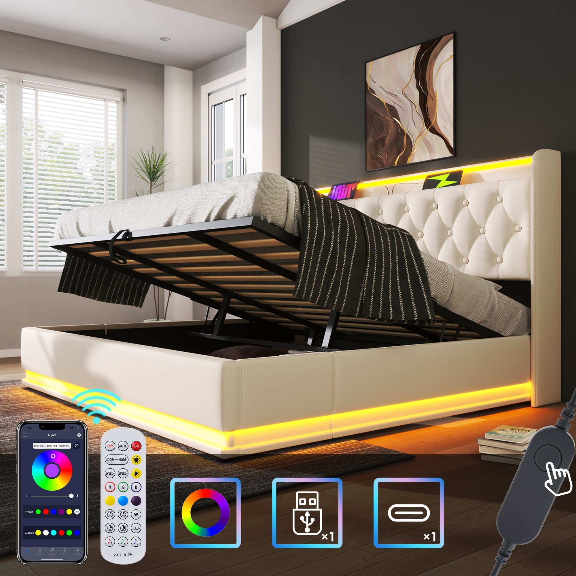 Logidon gestoffeerd bed tweepersoonsbed 180x200 cm wit PU, 360 surround LED