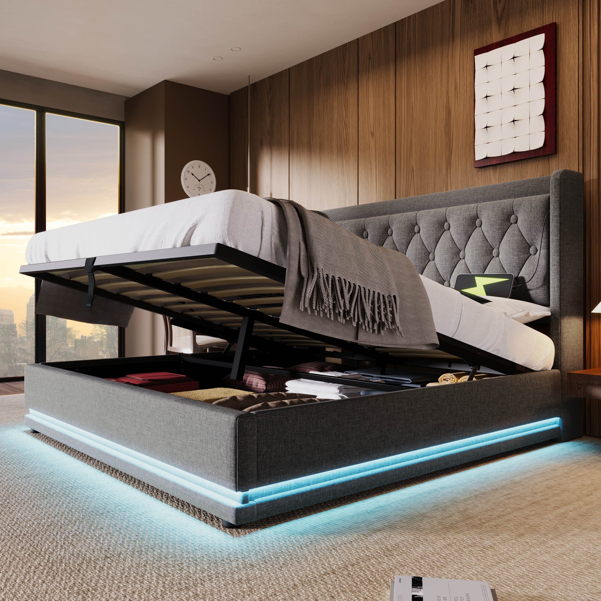 Logidon gestoffeerd bed 160x200 cm grijs fluweel opbergruimte USB-C oplaadfunctie