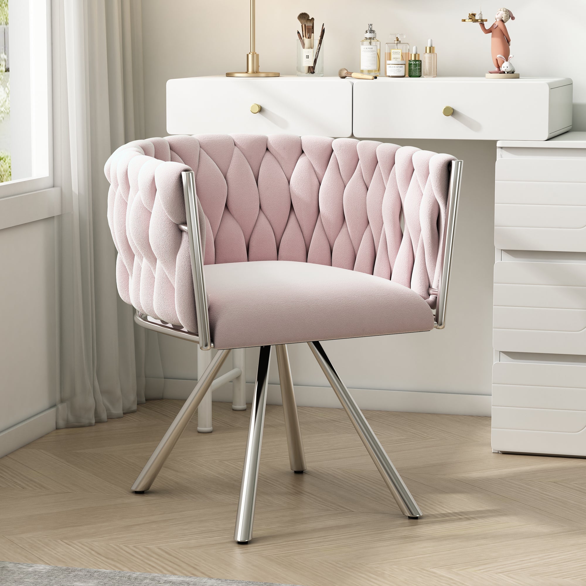 Logidon Fluweel Kapstoel Roze Luxe Draaistoel Met Metalen Frame