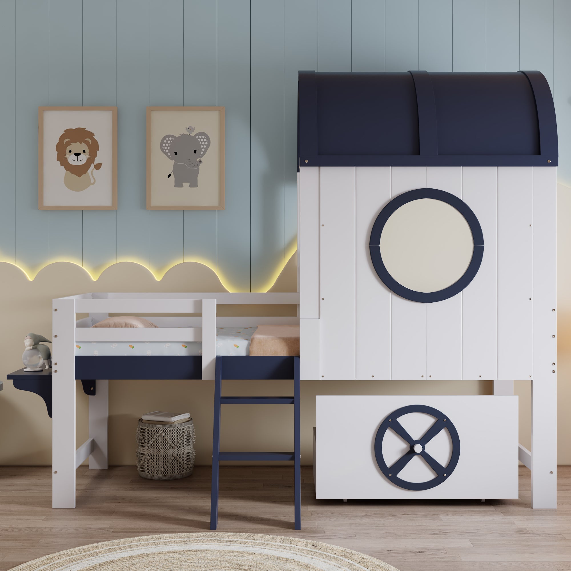 Logidon stapelbed halfhoogslaper 90x200 wit donkerblauw dakraam