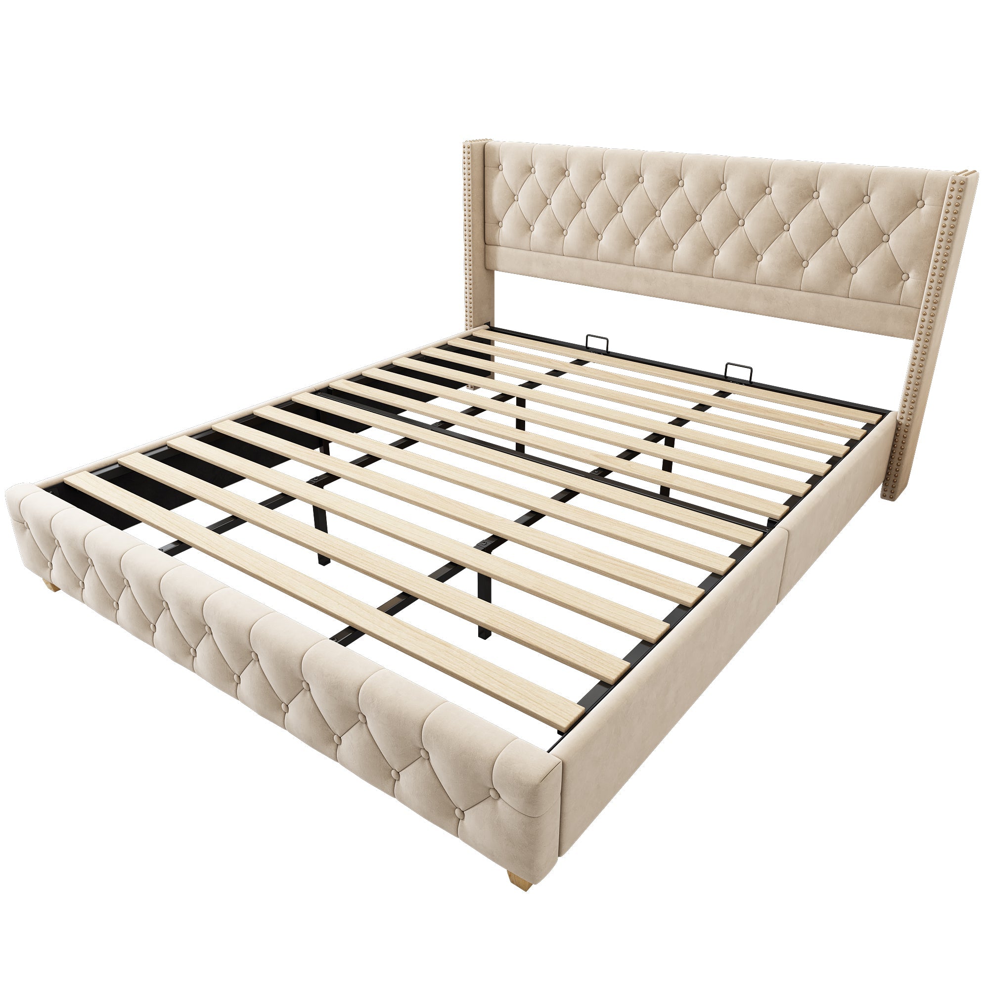 Logidon upholstered bed 180x200 light beige velvet button upholstery slatted frame