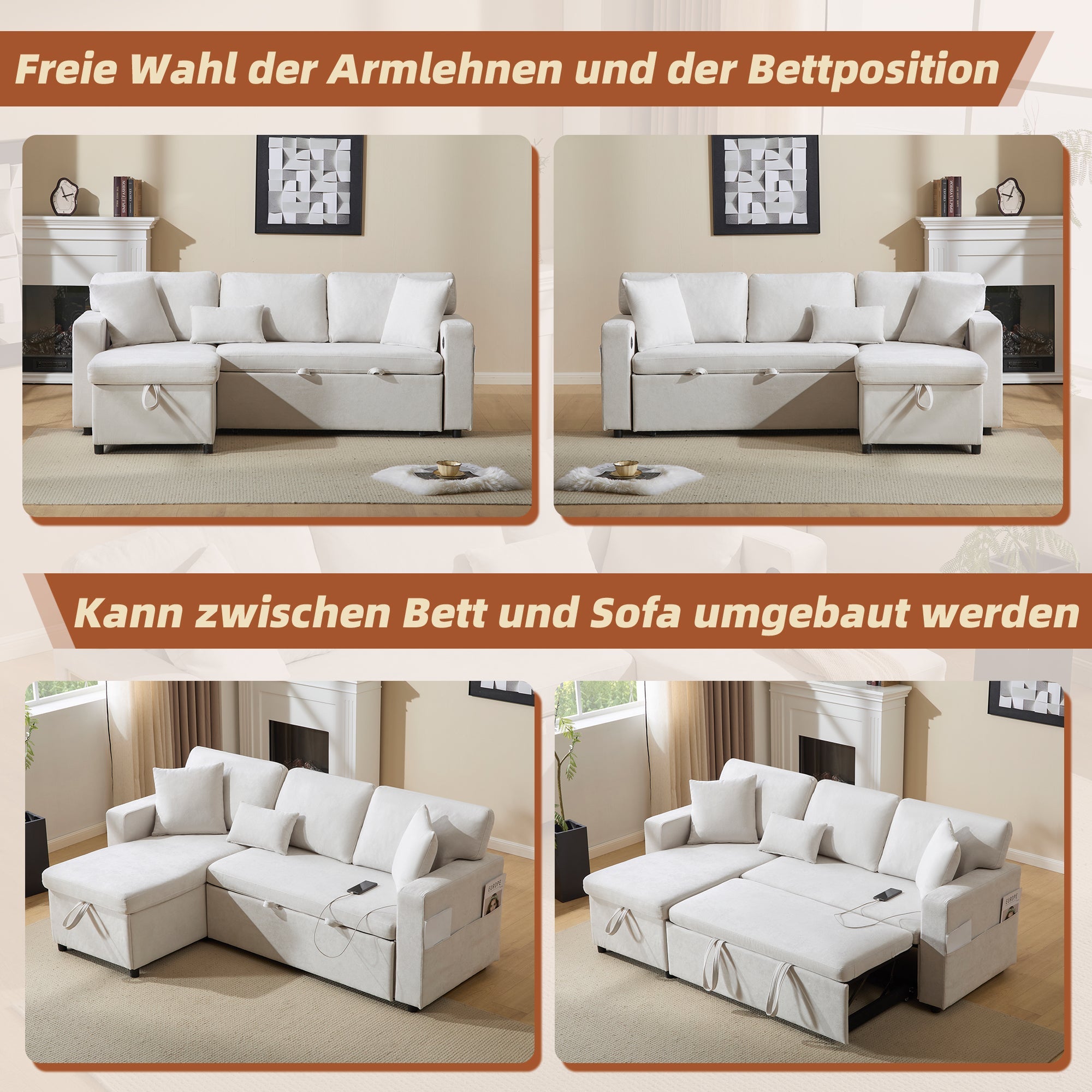 Logidon corner sofa bed L-shape extendable beige with bed box shelf