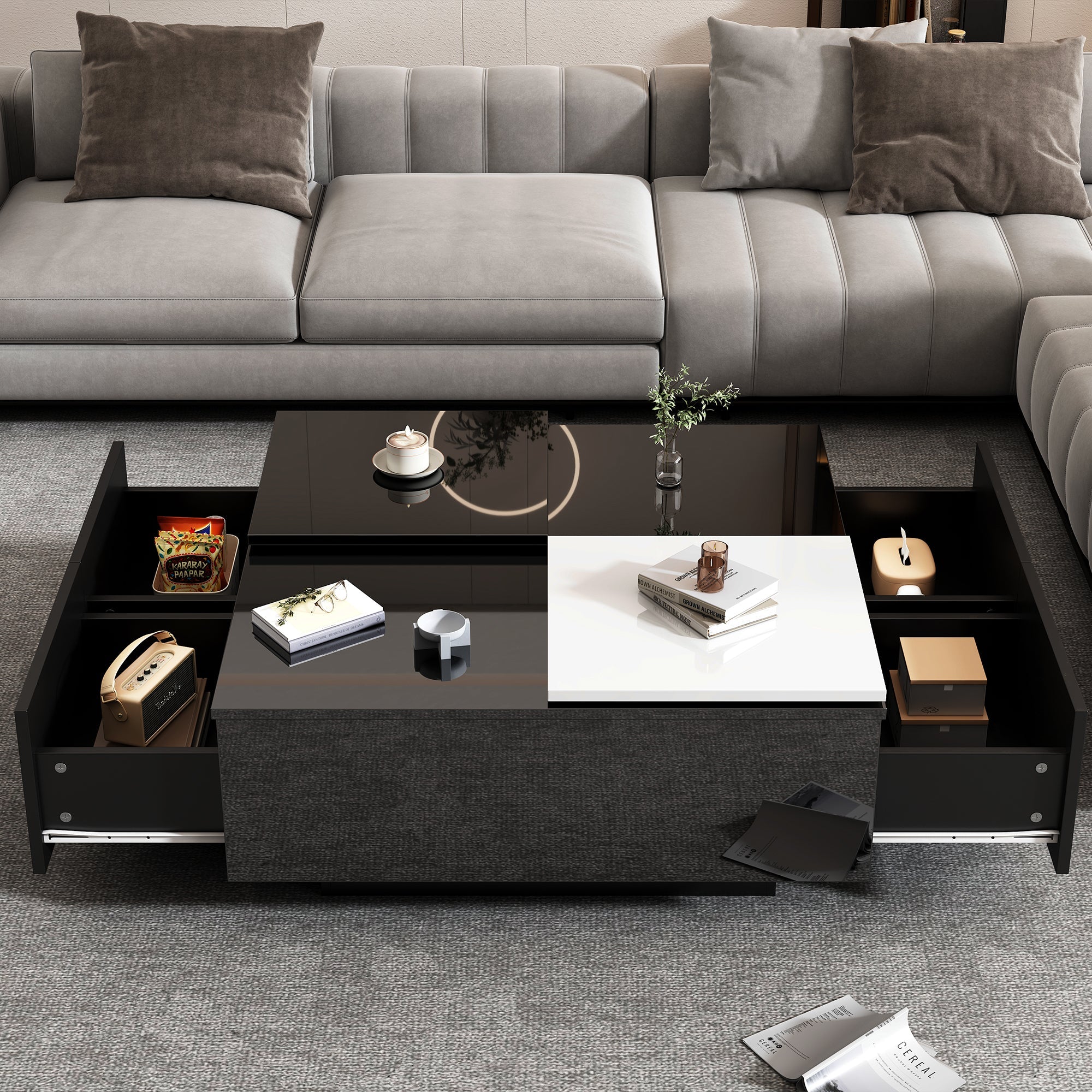 Logidon Hoogglans Salontafel Zwart Wit 75x75 Cm Met 4 Laden