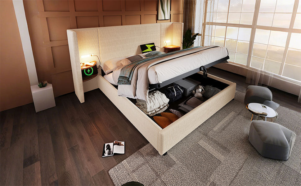Logidon gestoffeerd bed 160x200 beige-wit met opbergruimte