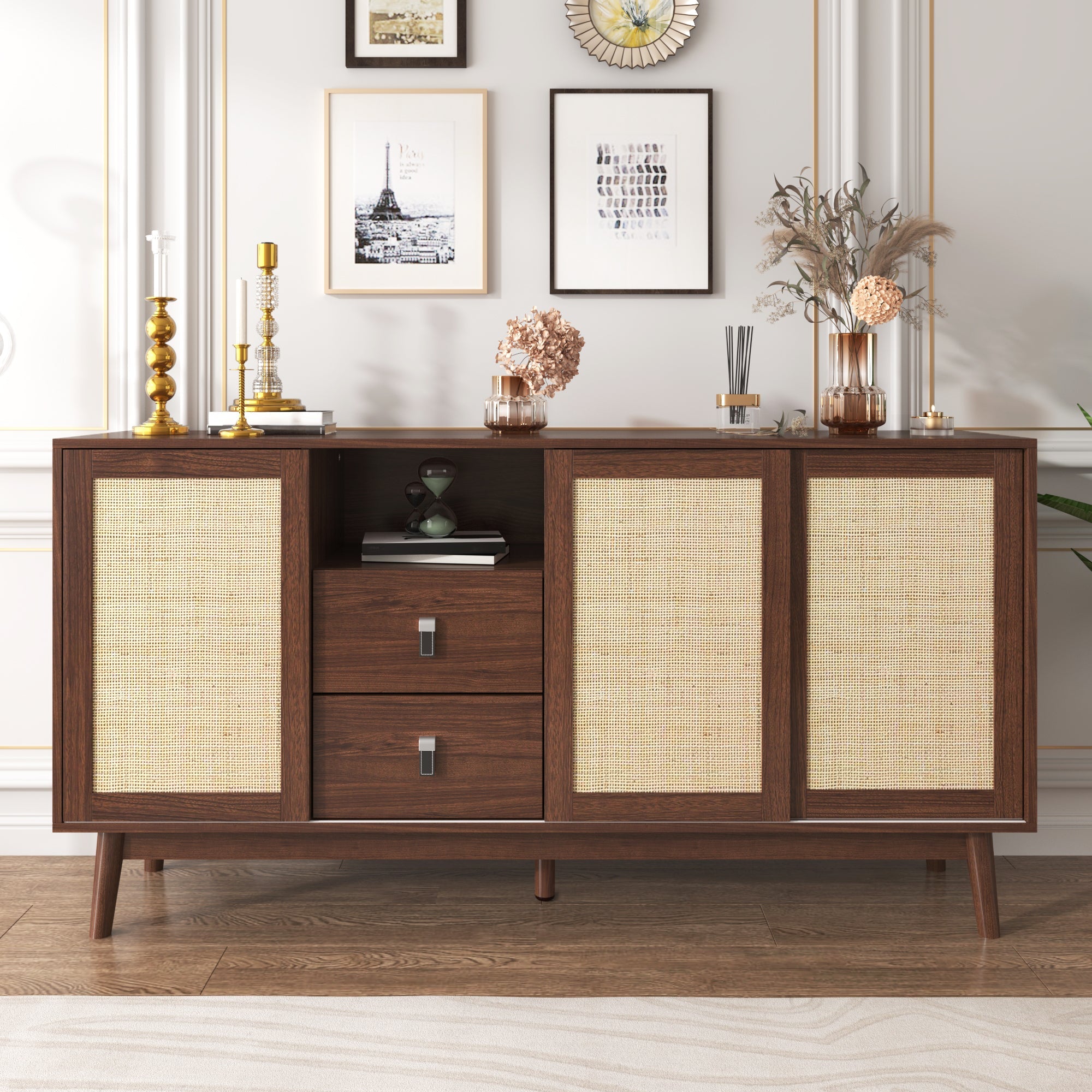 Logidon dressoir met rotan schuifdeuren en 2 lades 155x38x80 cm