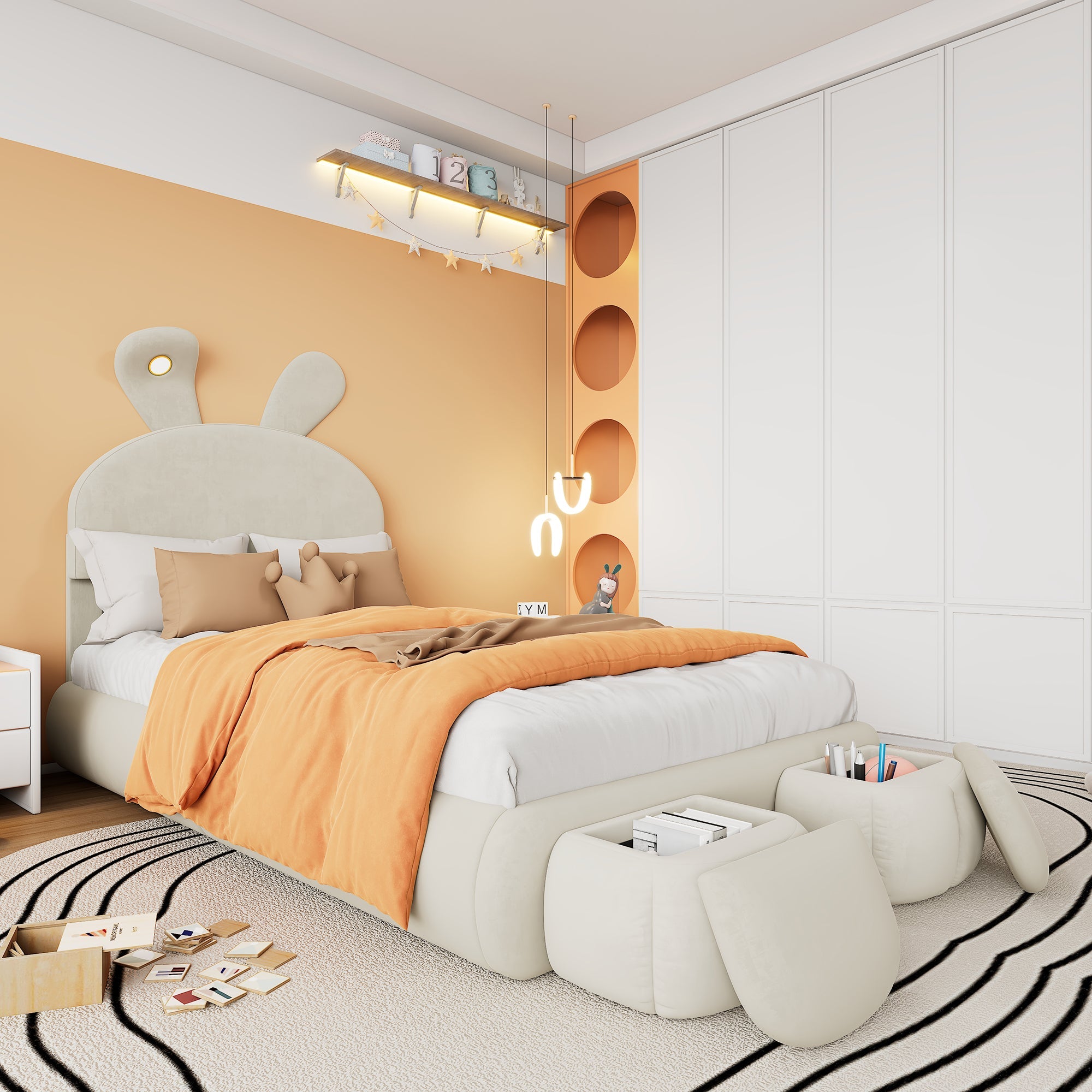 Logidon gestoffeerd bed 90x200 beige fluwelen opbergkruk met konijnenoren