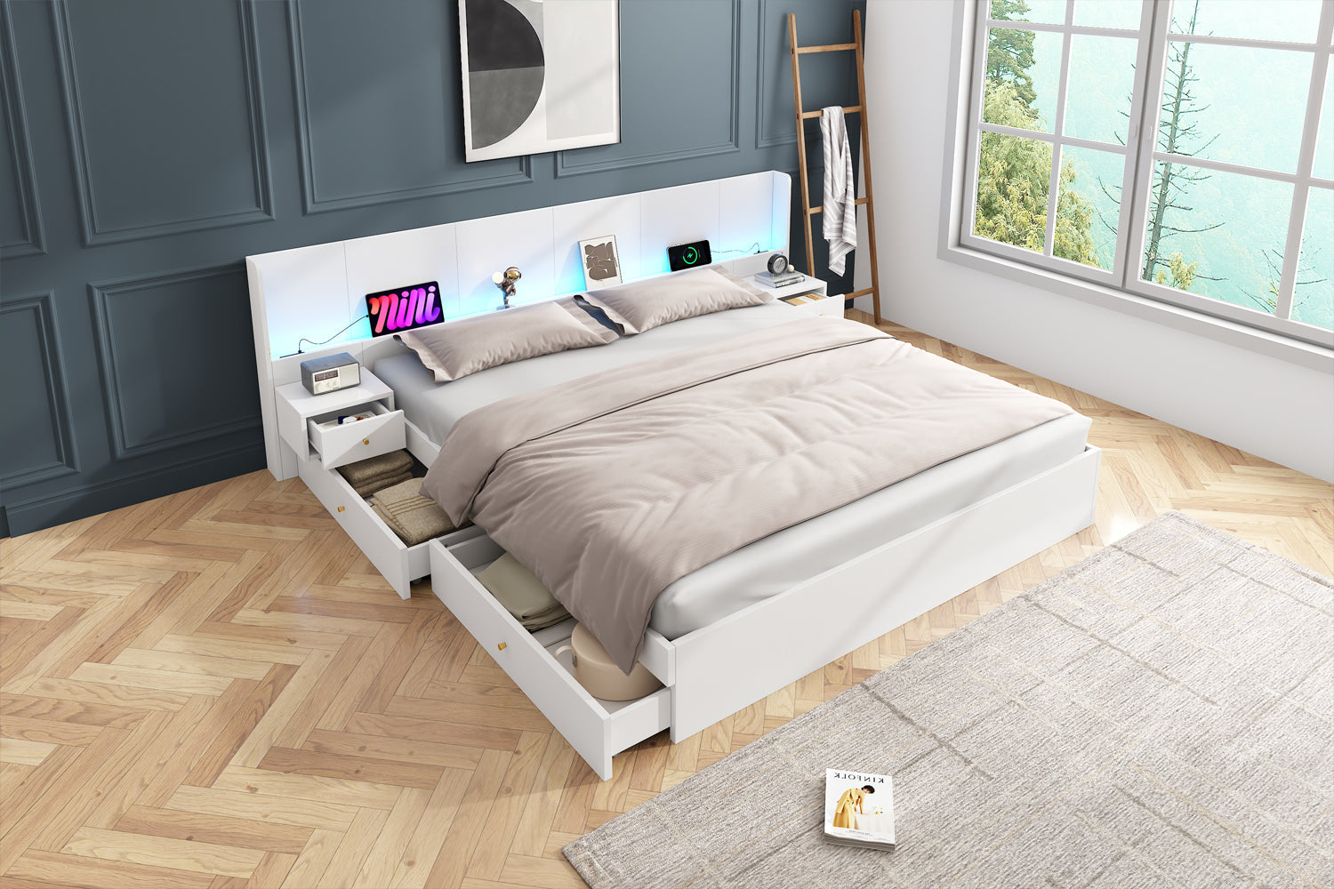 Logidon tweepersoonsbed 180x200 cm wit met USB LED app bediening