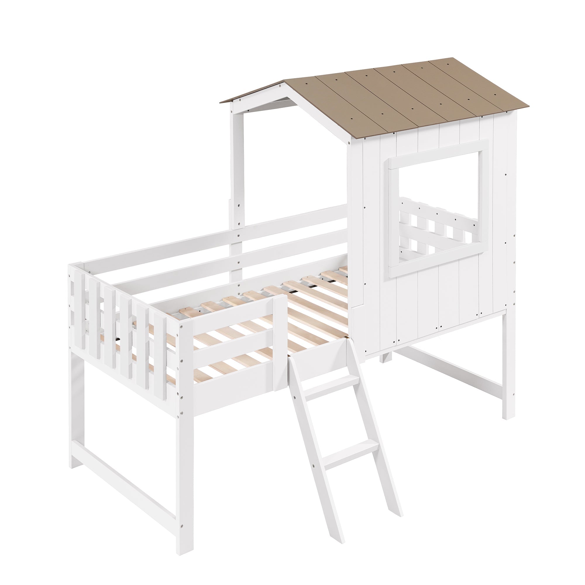 Logidon kinderbed halfhoogslaper met dakraam 90x200 wit naturel