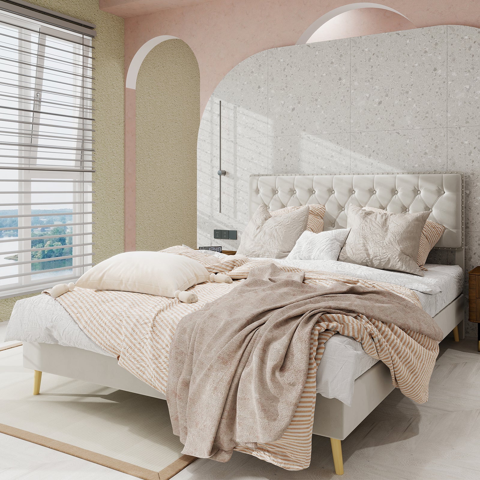 Logidon bed 160x200 platformbed met hoofdeinde van beige stof