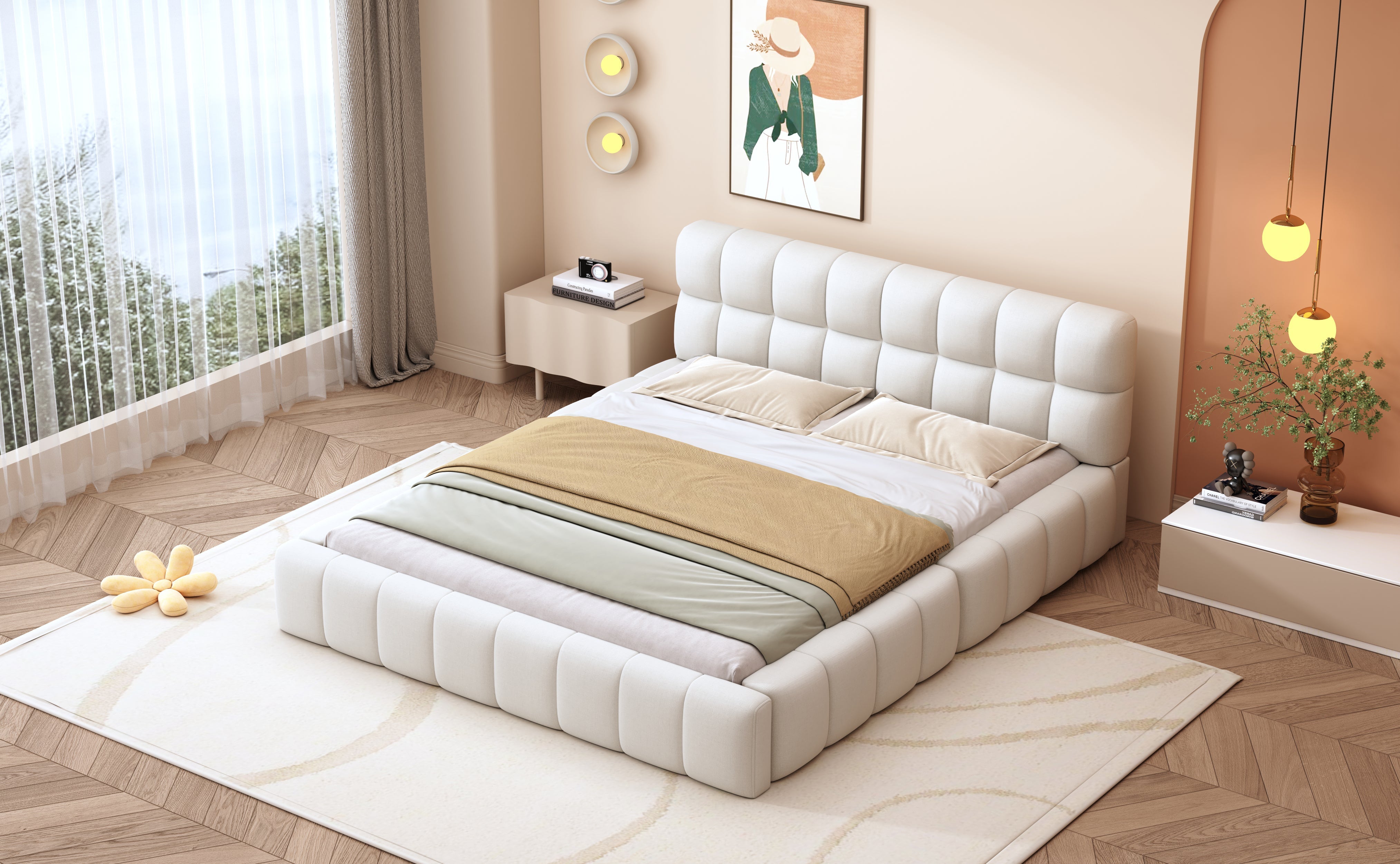 Logidon gestoffeerd bed 140x200 beige zachte rugleuning gestoffeerde rand