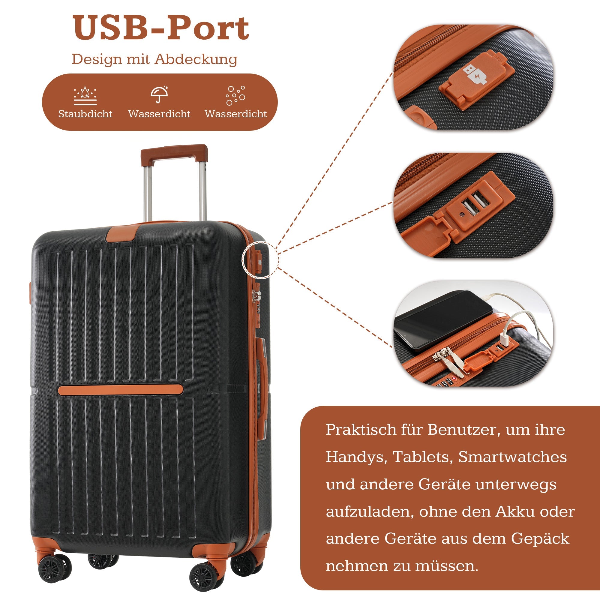 Logidon kofferset M L XL zwart bruin USB poort TSA slot 4 wielen