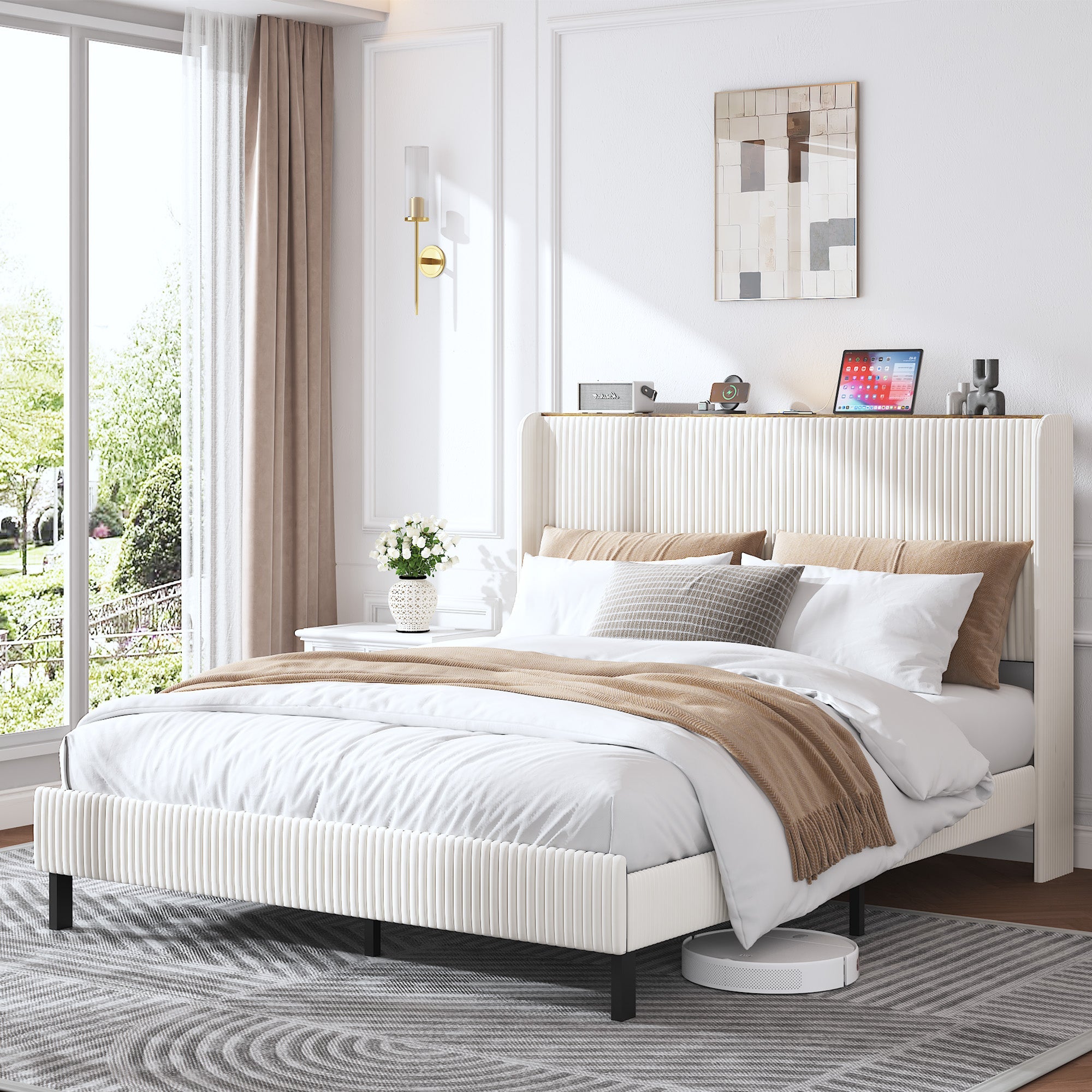 Logidon bedframe 160x200 gewatteerd platformbed, hoofdeinde van beige stof