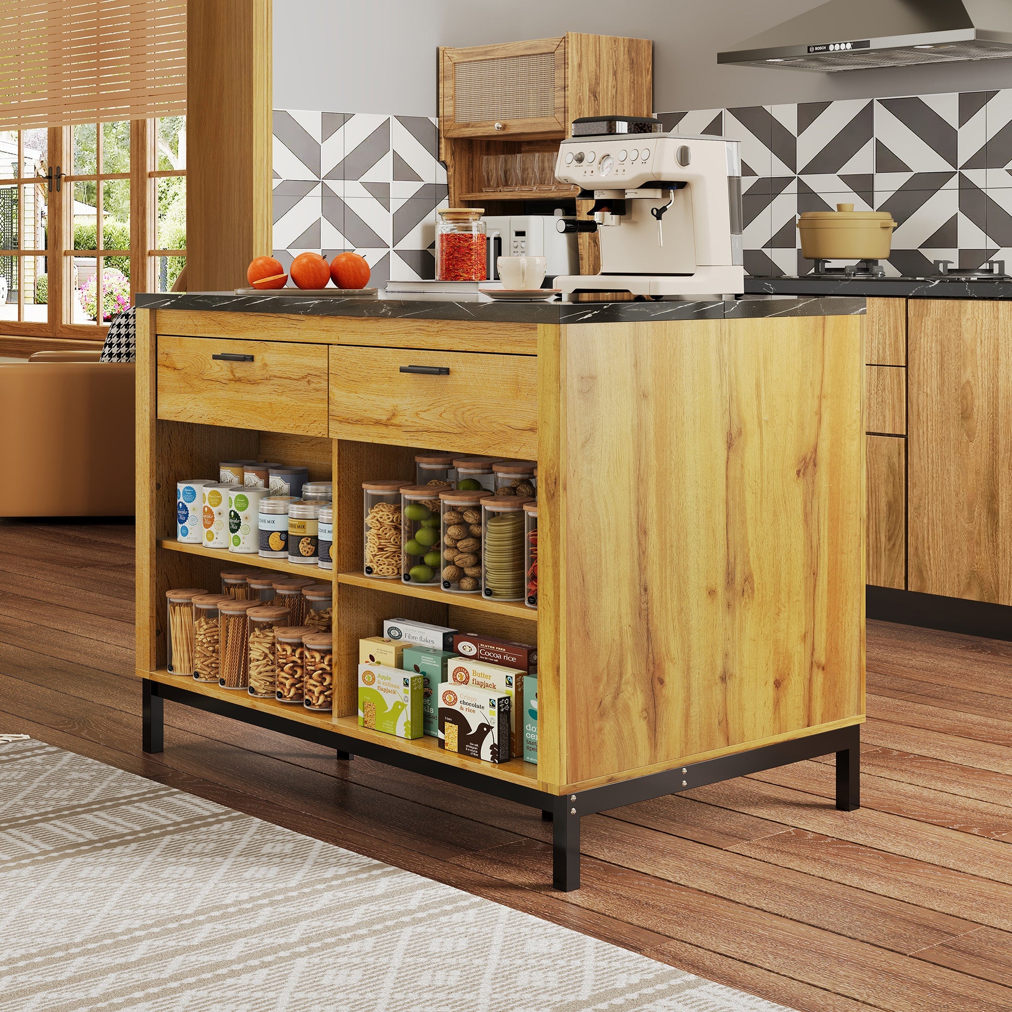 Logidon kitchen island country house style 120x75x90 cm with 2 drawers and 4 shelves