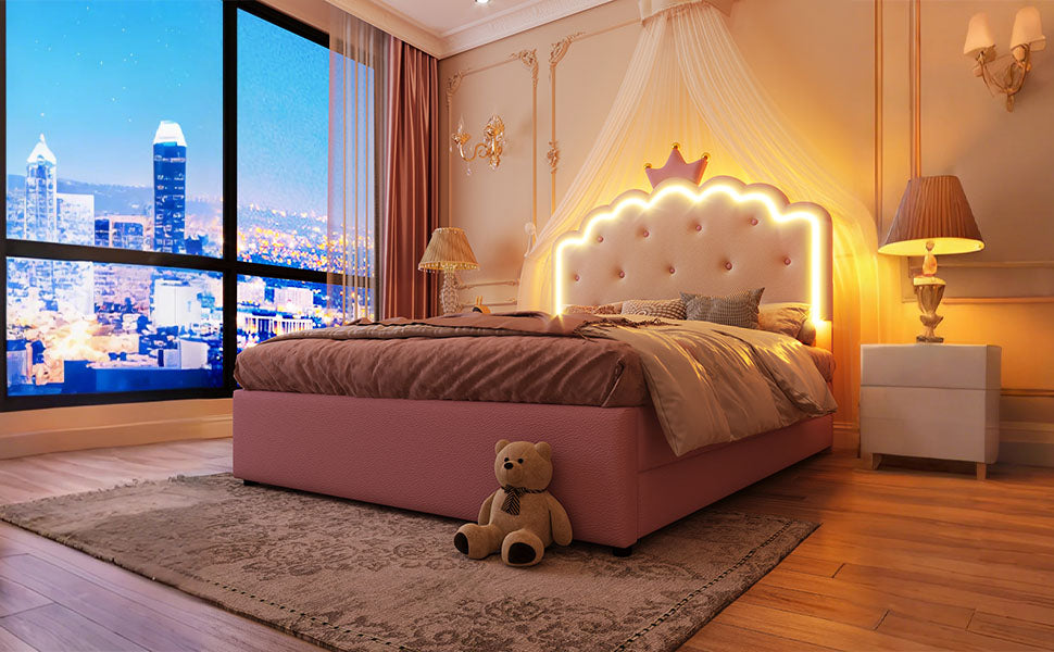 Logidon gestoffeerd bed 140x200 roze met lattenbodem LED-verlichting