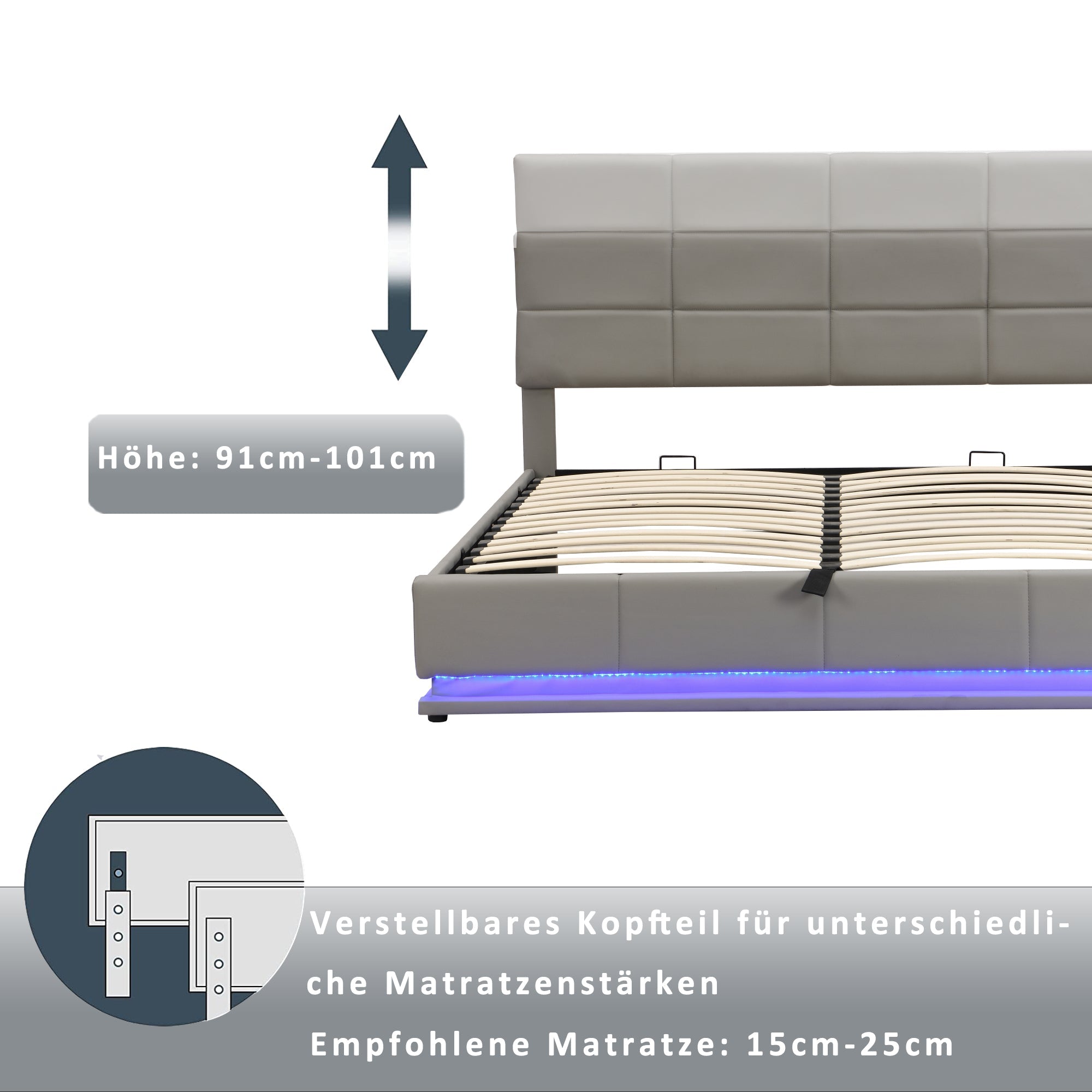 Logidon gestoffeerd bed 180x200 cm LED verlichting hydraulische bedbox cementgrijs