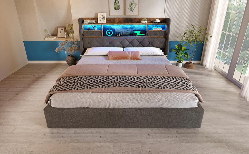 Logidon gestoffeerd bed 160x200 cm met opbergruimte, LED-hoofdbord, USB-C