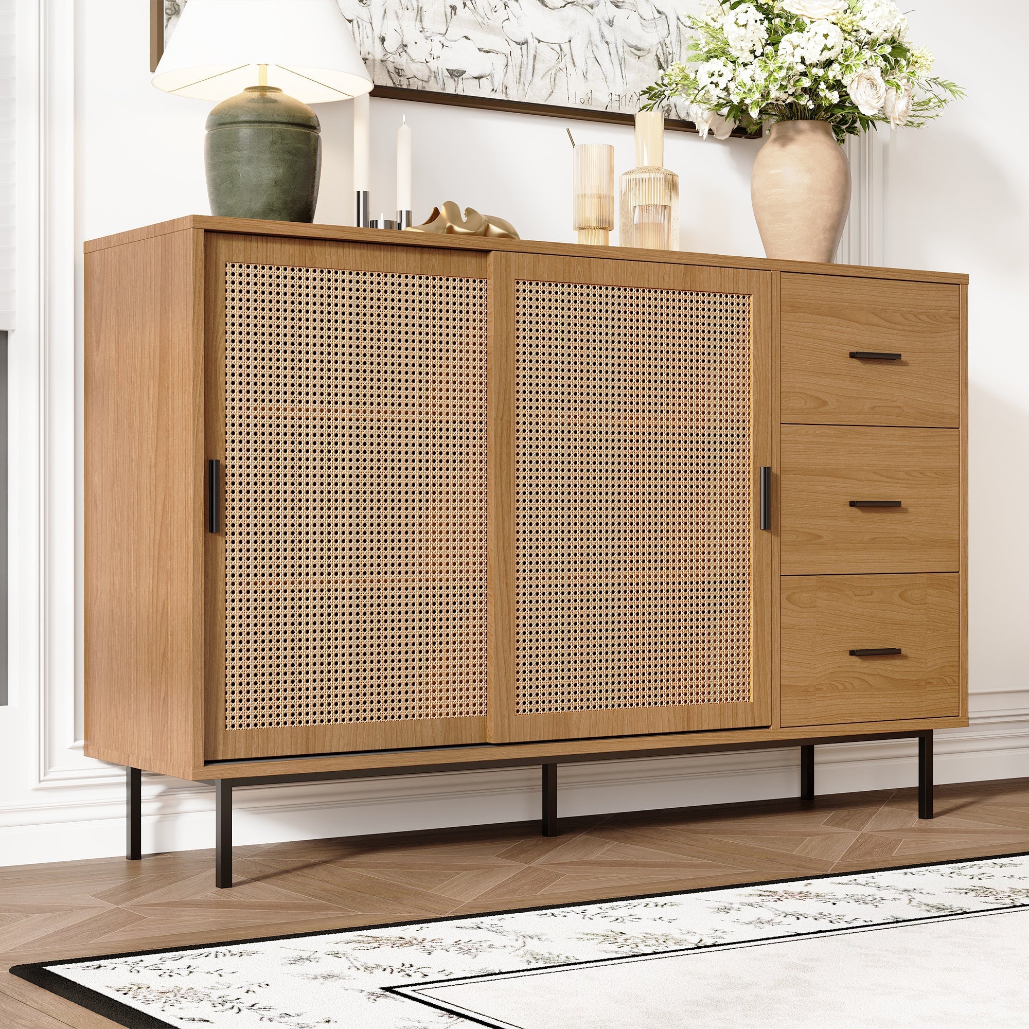 Logidon dressoir naturel 140x37x91cm met 2 schuifdeuren en 3 lades