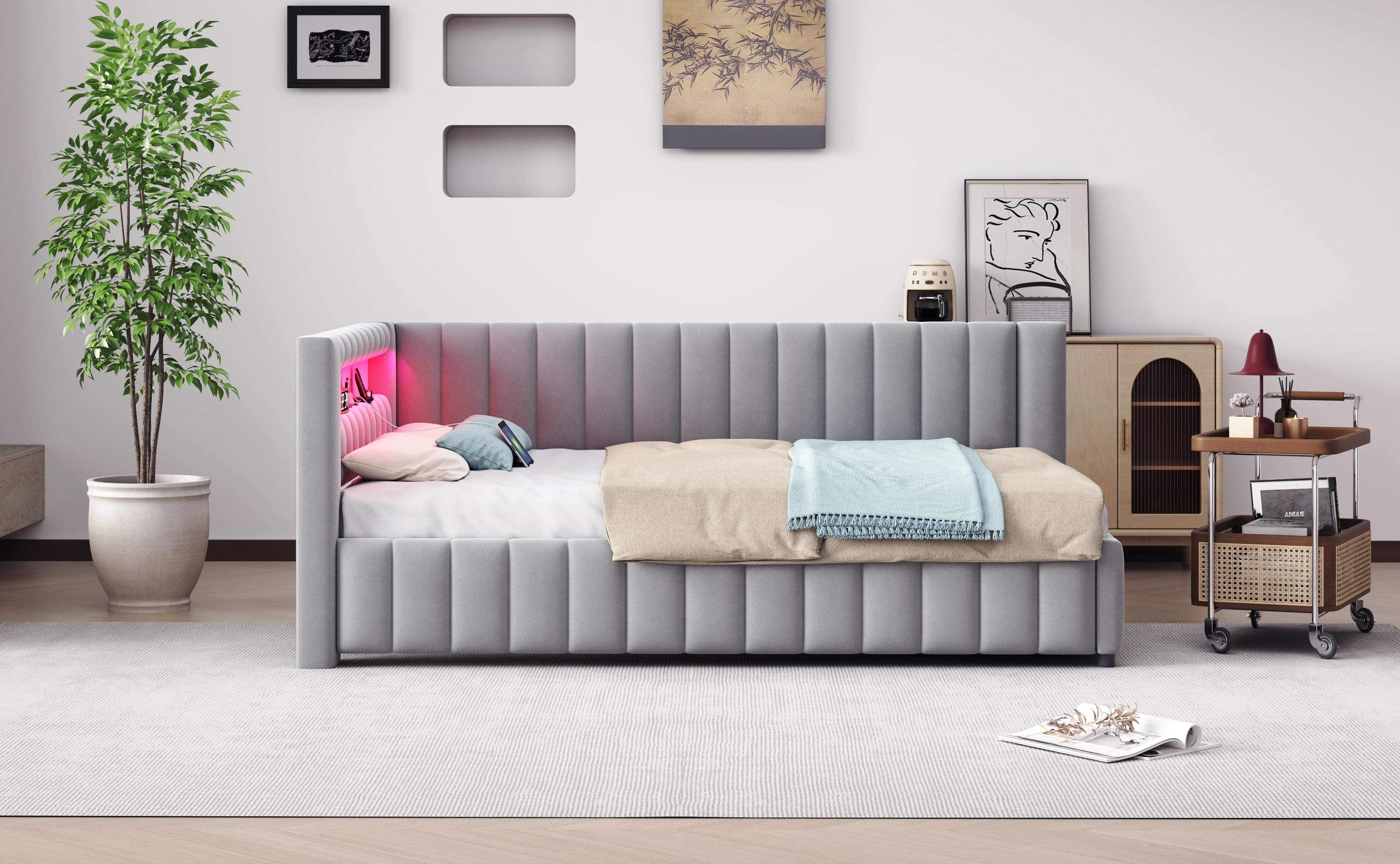 Logidon sofa bed 140x200 gray with LED light and USB charging port