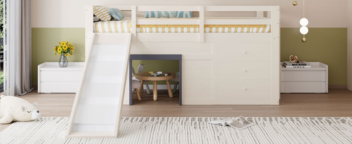 Logidon crème hoogslaper 90x200 met glijbaan, 3 lades, 2 deuren