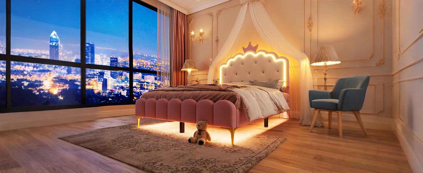Logidon gestoffeerd bed 140x200 roze met lattenbodem LED-verlichting