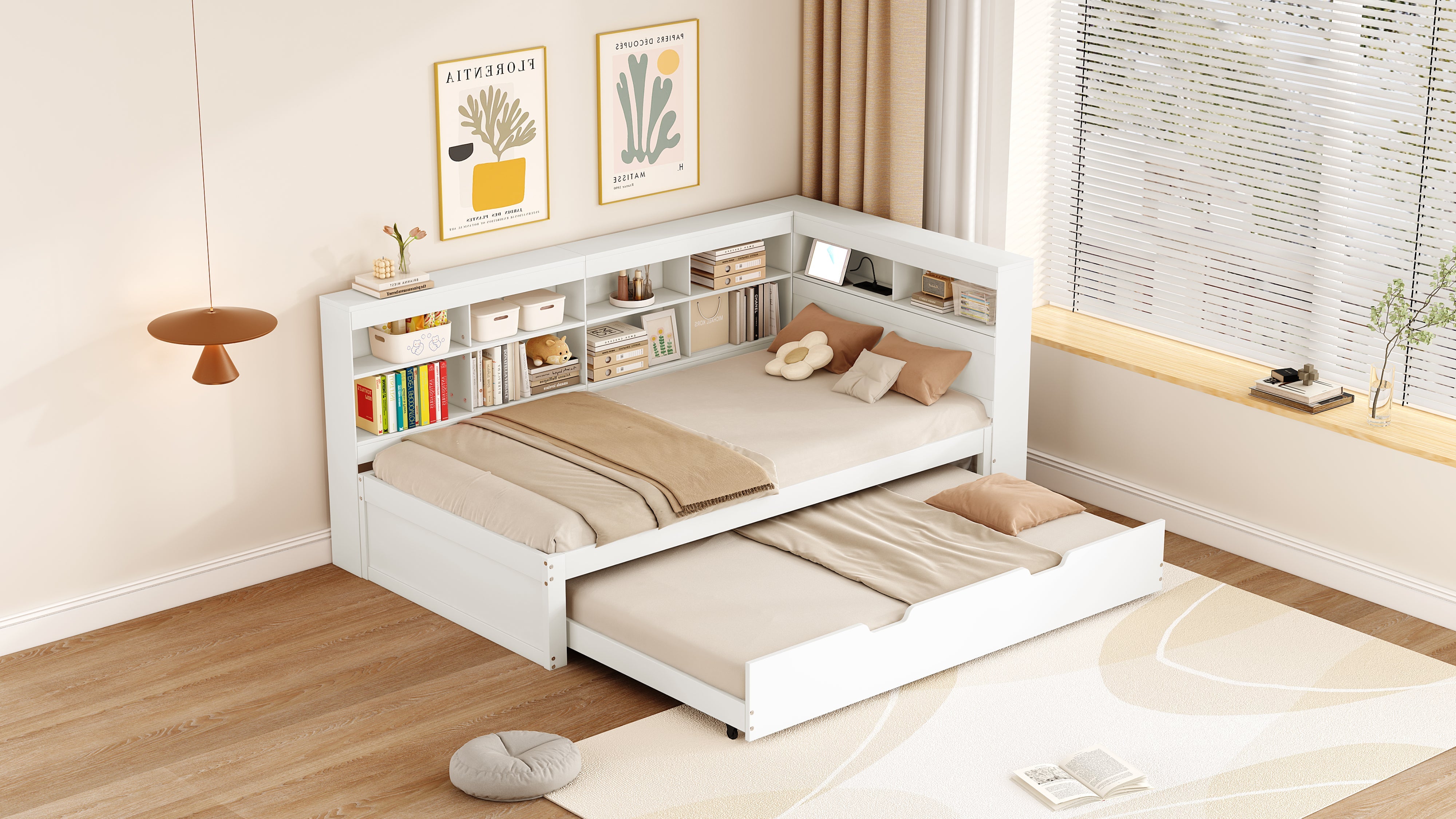 Logidon slaapbank 90x200 uitschuifbaar bed 90x190 USB wit